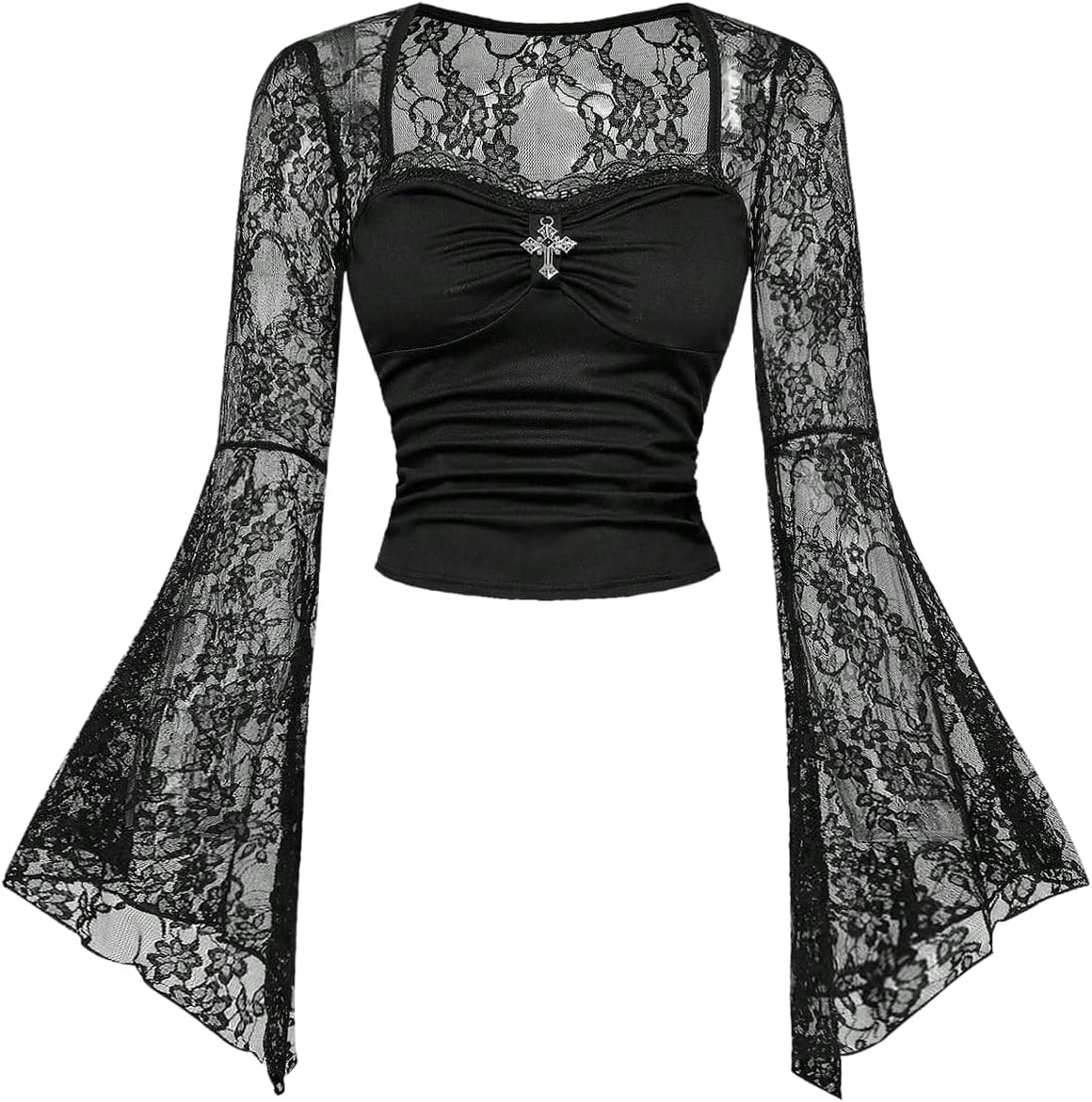 Women's Gothic Renaissance Shirt Y2k Floral Lace Long Bell Sleeve Crop Tops Mesh Ruched Top Country Concert Outfits