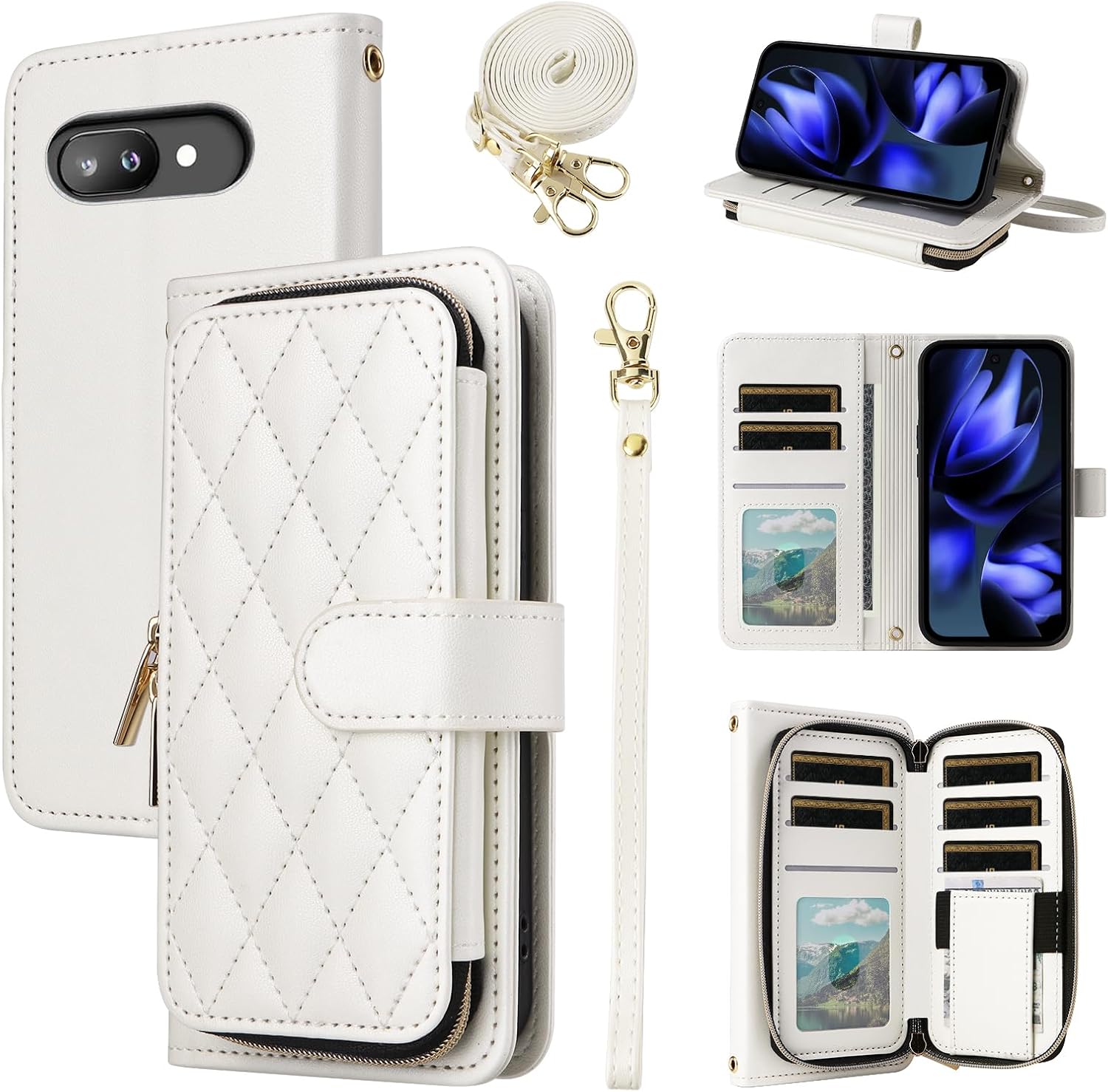 Argyle Wallet Case for Google Pixel 9A with Wrist Strap Shoulder Strap, 9+ Card Slots Zipper Purse Luxury PU Leather Stand Checkered Cell Phone Cover for Pixel9A A9 5G Women Girls White