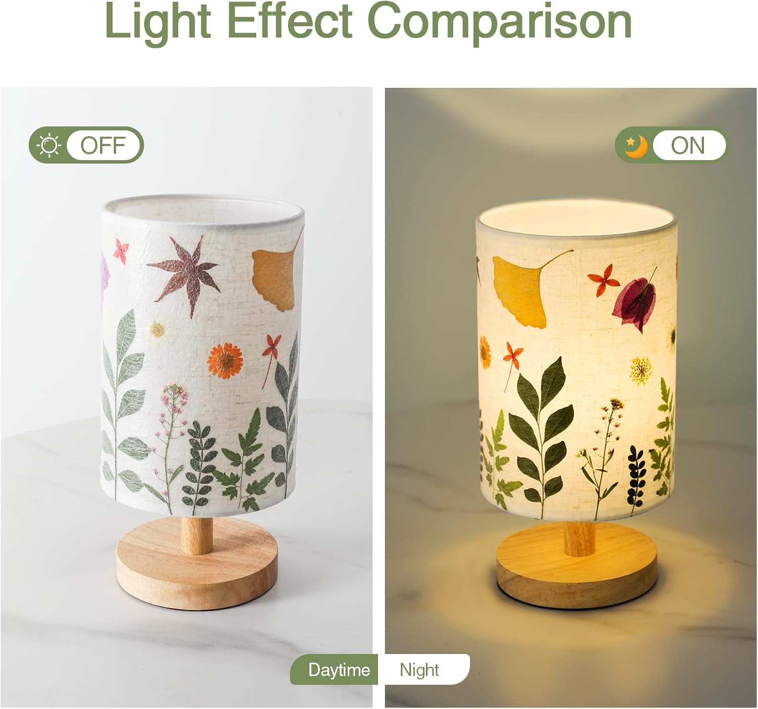 Pressed Flowers Table Lamp 5W LED 3Color Temperatures Dried Flower Bedside Lamp Linen Shade with Wood Base for Bedroom Living Room Desk Office