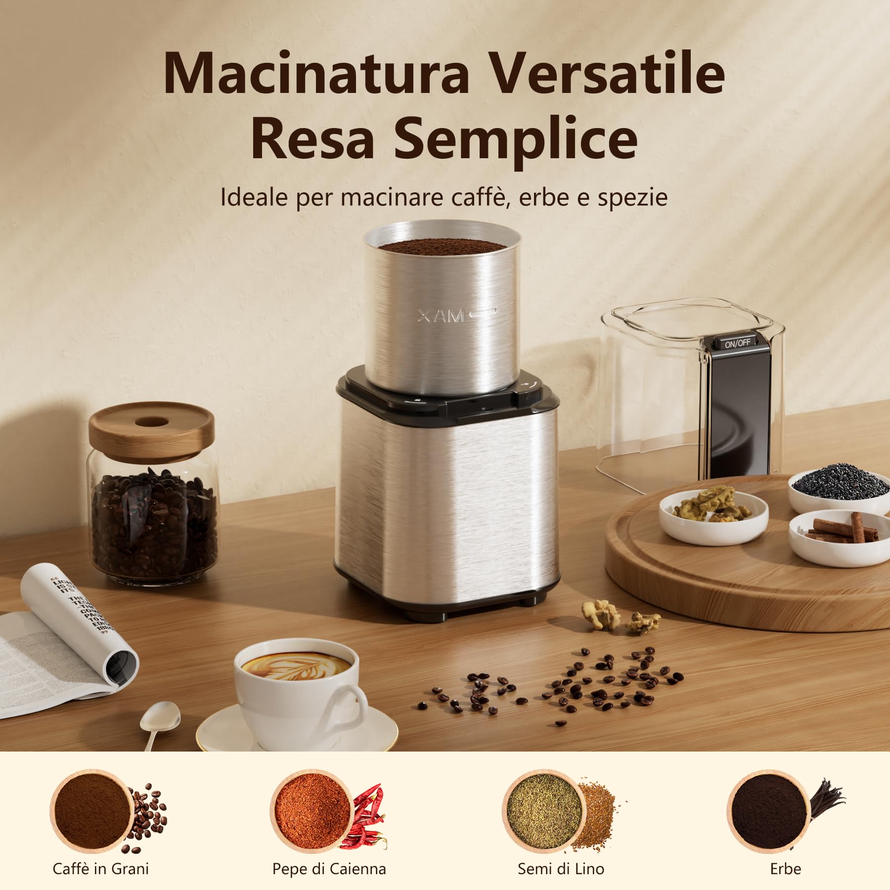 QEXREED Macina Caffe' Elettrico 150W, Macinacaffè Elettrico con Contenitori Rimovibili in acciaio inossidabile, 60g Capacità, per Chicchi di Caffè, Spezie, Cereali, Pepe, Noci