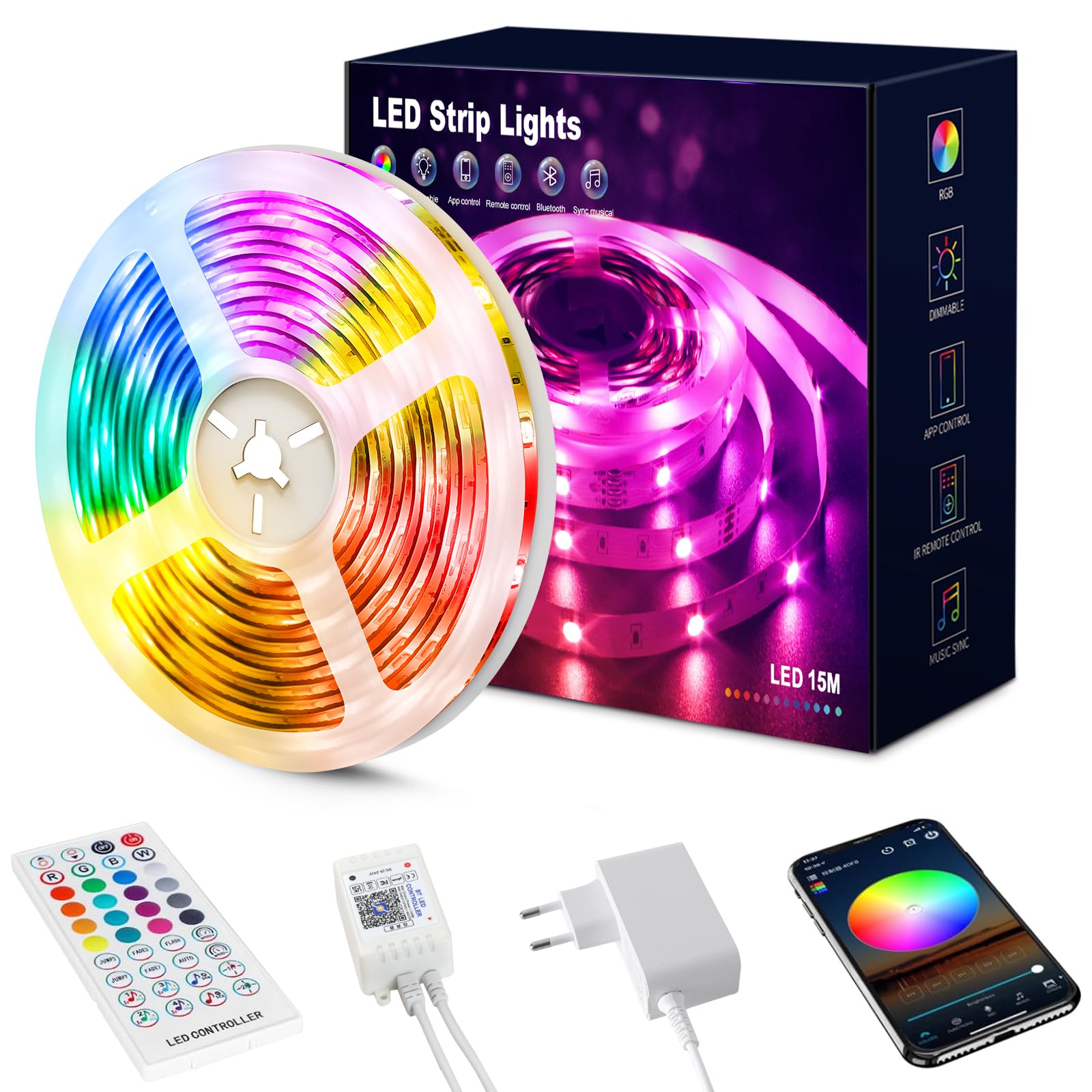 Beaeet Striscia Led 15 Metri, Led Striscia Comandabile Tramite app E telecomando,Strisce Led Sincronizzazione Musicale,per Decorazioni Casa, Bar, Festa