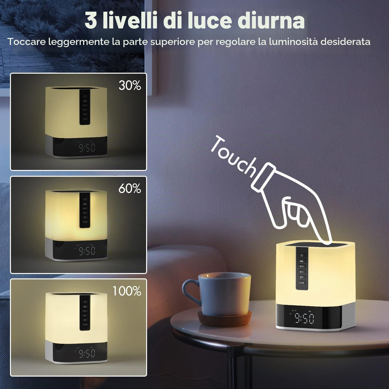 Altoparlante Bluetooth con luce notturna, sveglia digitale, lampada da comodino con sensore touch, macchina per il rumore bianco