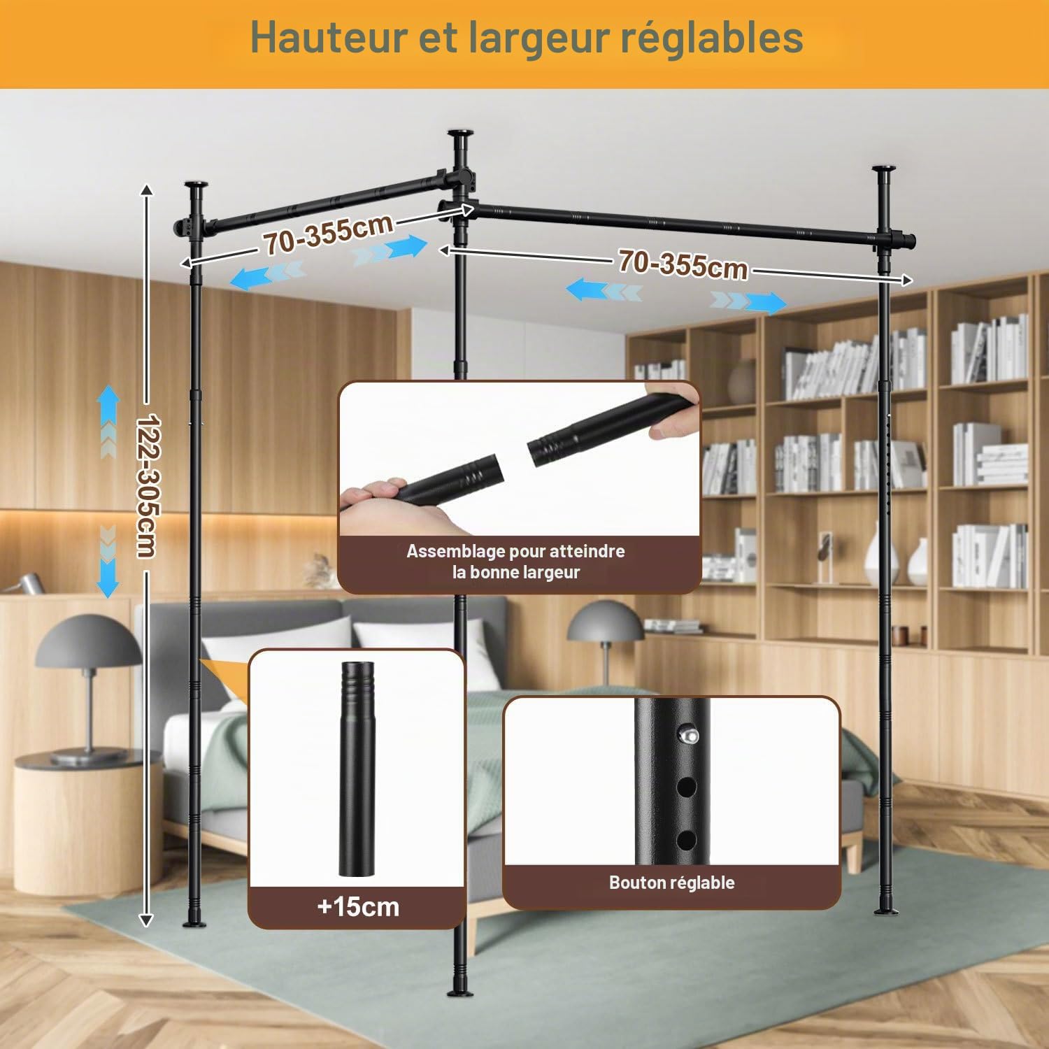 Séparateur de pièce sans perçage, réglable en hauteur (122-320 cm) et largeur (70-355 cm), tringle à rideau, brise-vue pour salon, chambre à coucher, métal, instructions en allemand/blanc