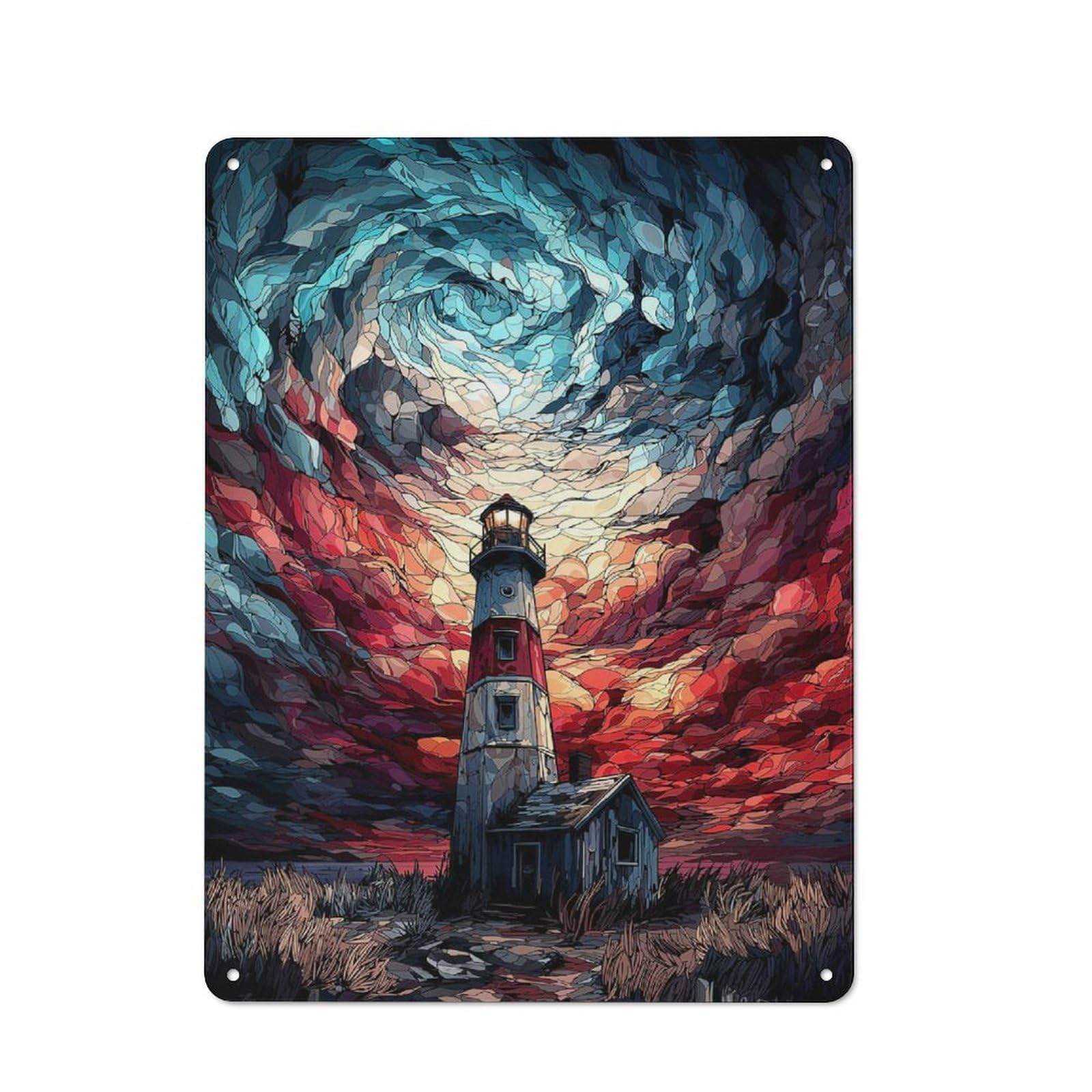 Junmoney Style-21 Lighthouse Under Swirling Sky Metal Wall Sign 40X30cm, Retro Decor For Workshop Wall, For Garage, Workshop And Man Cave Decoration
