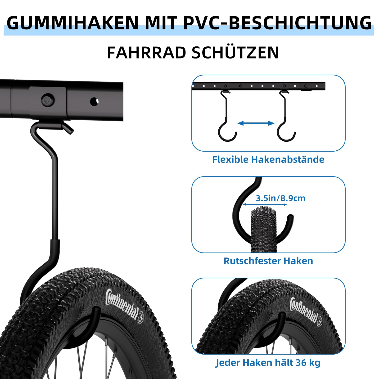 Fahrrad Deckenhalterung für Garage, 2 Schienen Mit 8 Haken, Schwarz | Fahrradaufhängung Decke für Bis Zu 4 Fahrräder, Stabiler Stahlbau, Platzsparende Fahrradaufbewahrung für Schuppen & Werkstatt
