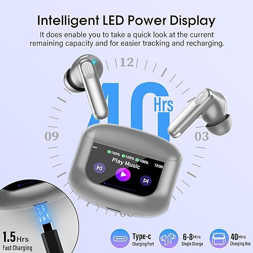 Miniatura 6 de Auriculares inalámbricos, auriculares Bluetooth 5.4, pantalla táctil multifunción con 5 modos de ecualización, auriculares estéreo de 48 horas con