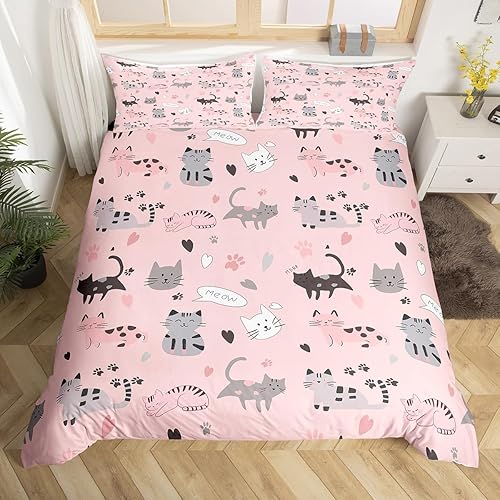 Vista 116 de Funda de edredón con estampado de gatos de dibujos animados, para niños, niñas, amantes de los gatos, funda de edredón rosa con corazón y fresa