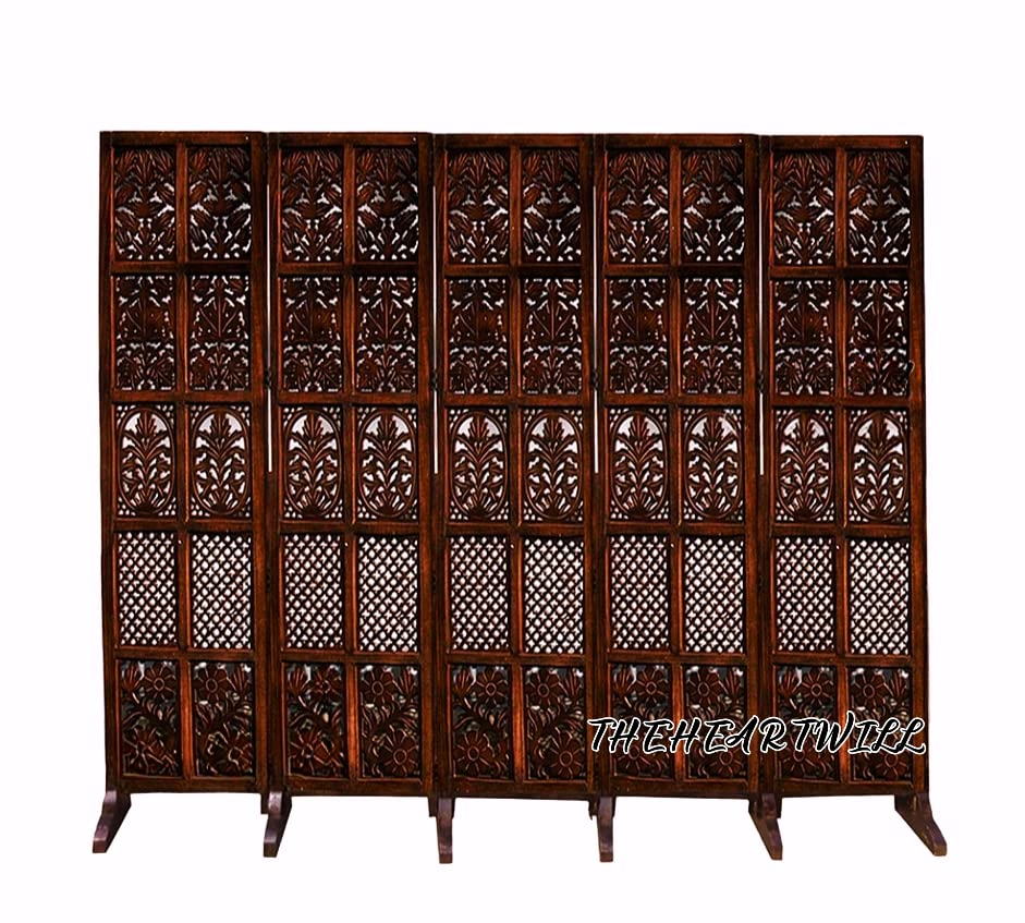 Image of THEHEARTWILL Partition Wall Divider | Wooden Partition for Hall, Living Room, Open Kitchen & Pooja Room | Room Divider 5 Panel with Stands | Room Separator (Brown-xs5)