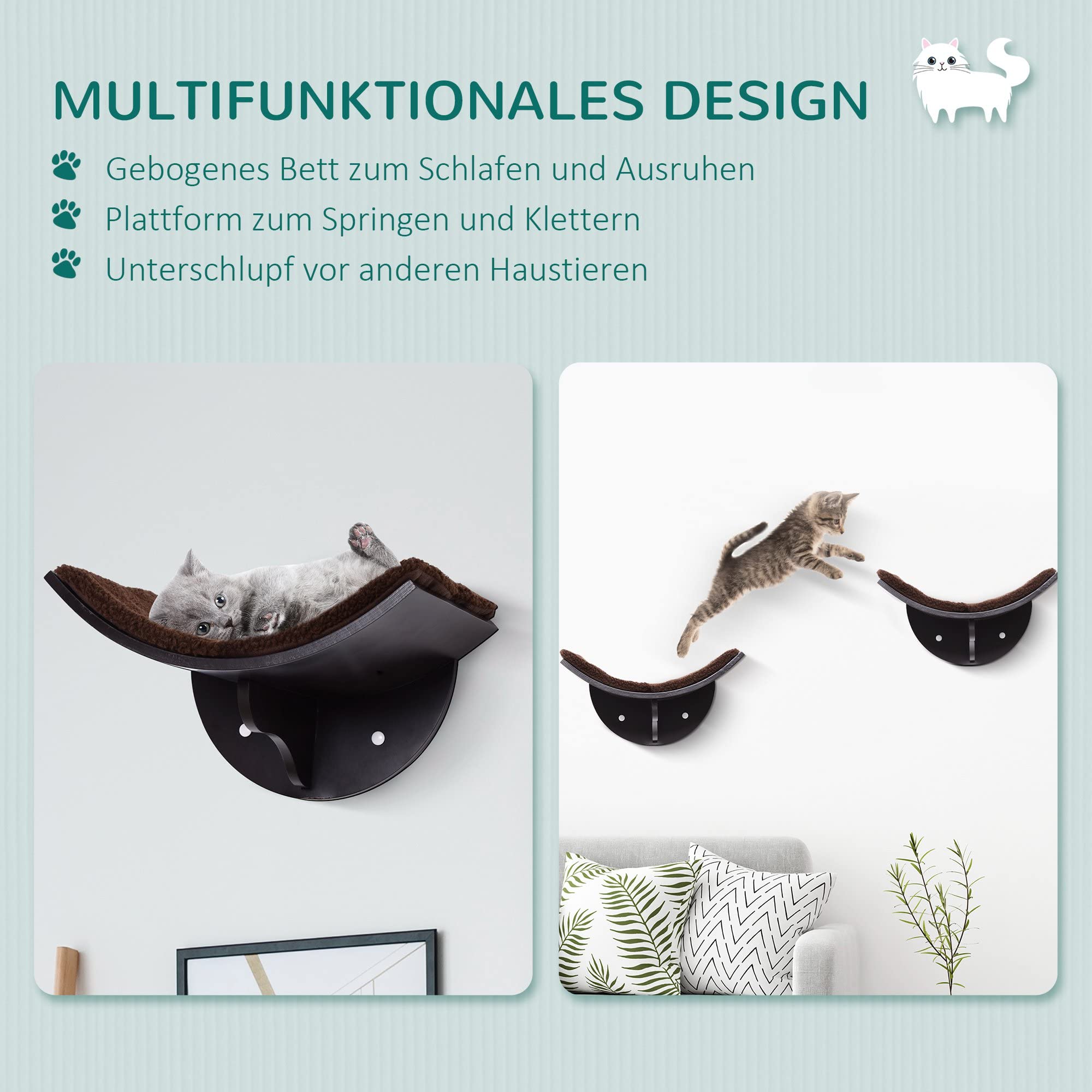 PwaHut Kletterwand Katzen Katzen Kletterwand Katzenregal, Wandmontage Plüschauflage, Wand Katzenmöbel bis zu 4,5 kg, Braun