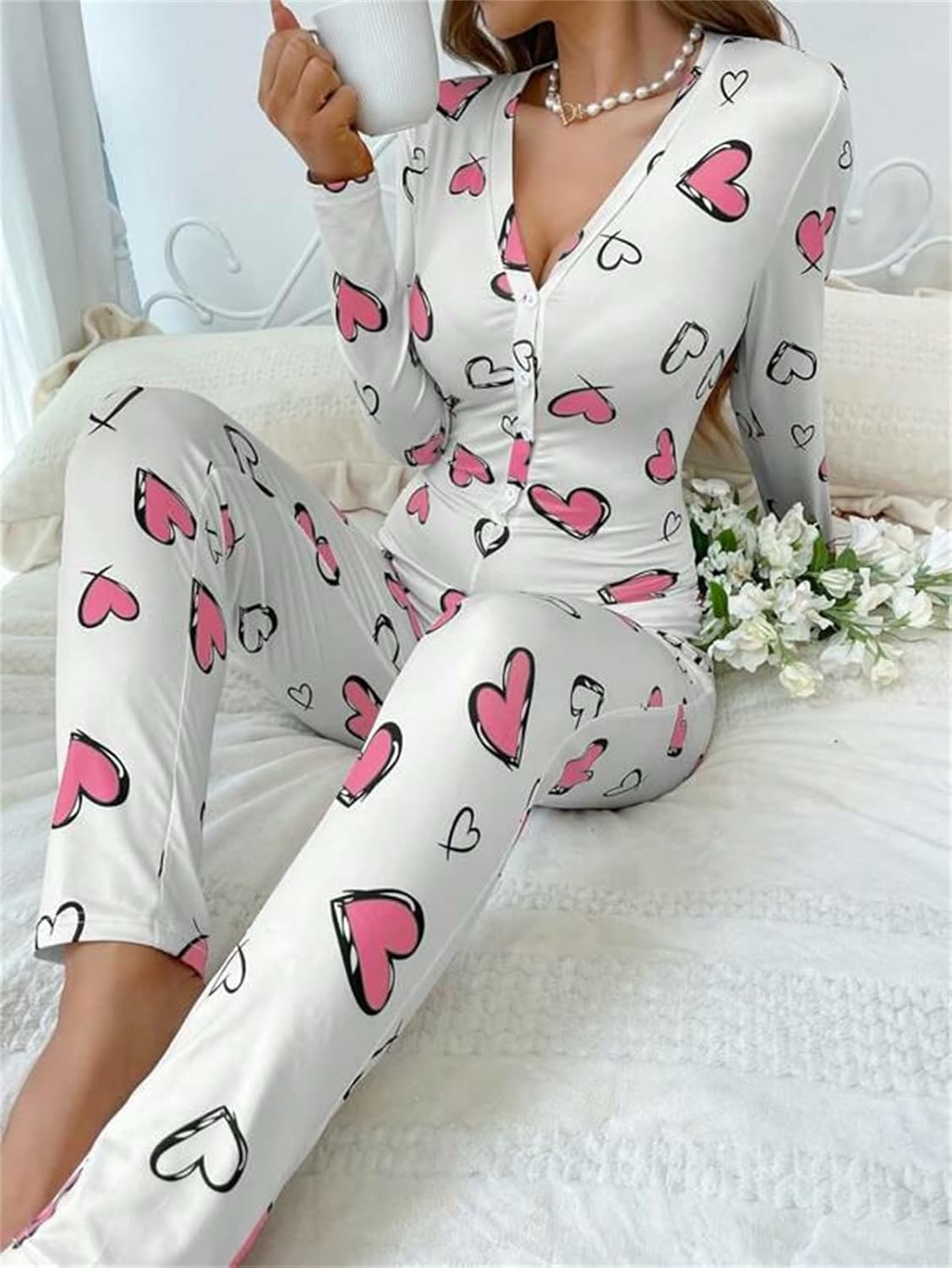 Women Sexy Bodycon Onesie Pajama Heart Print Long Sleeve Button V Neck Jumpsuit One Piece Romper Valentines Sleepwear - Image 6