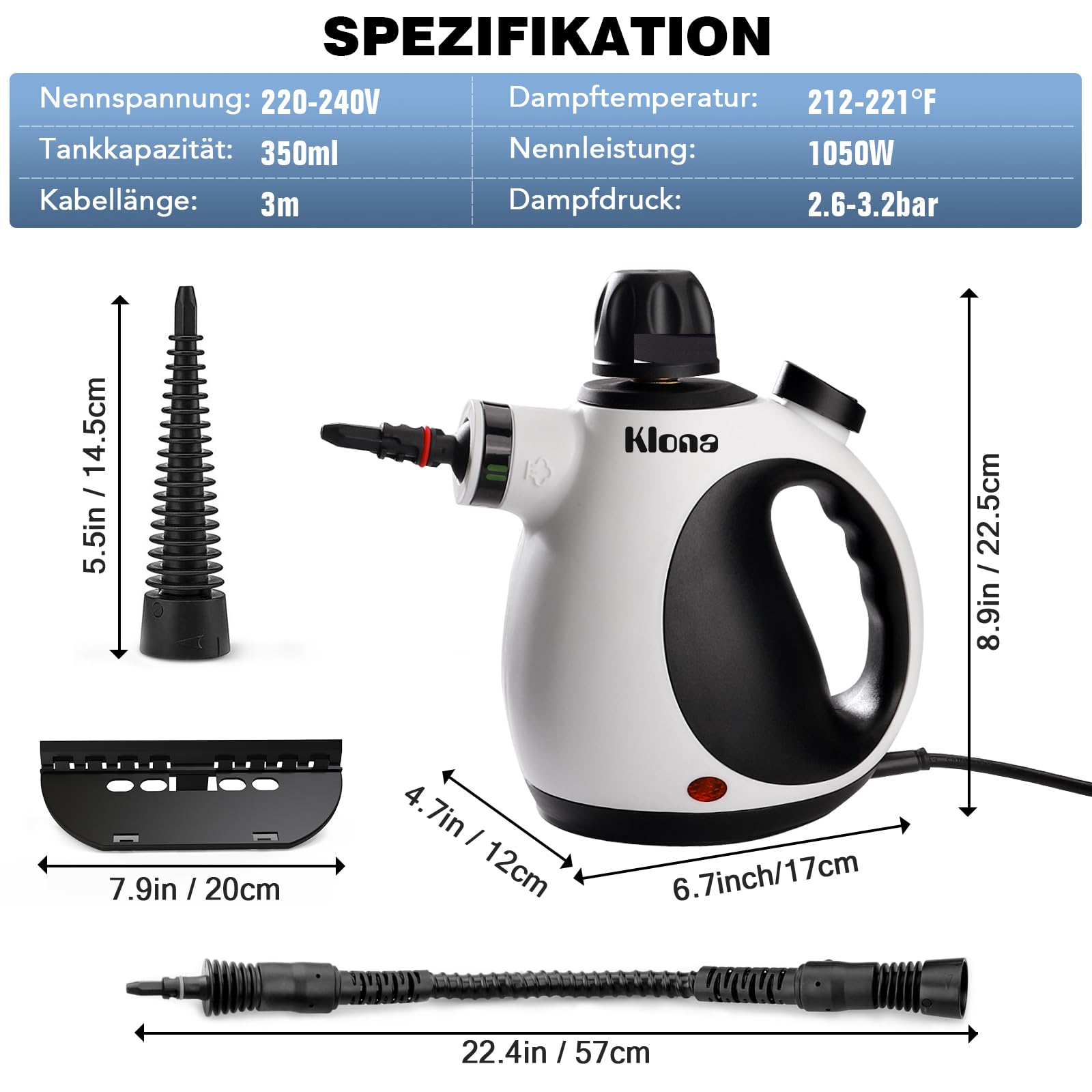 KLONA Dampfreiniger Handgerät, Steam Cleaner mit 10 Zubehör | 3 Min Schnellheizung | Tank: 350 ml | chemiefrei | Kindersicherung | Steam Cleaner | für Fliesen, Fenster, Polster, Bad