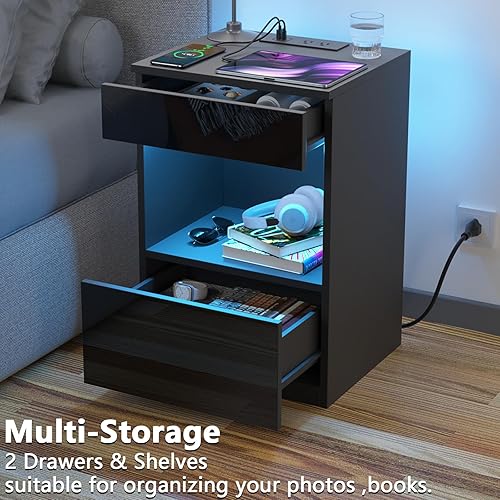 Miniatura 5 de HOMMPA Juego de 2 mesitas de noche LED con estante abierto con estación de carga, 2 cajones, mesita de noche negra con almacenamiento, mesitas de