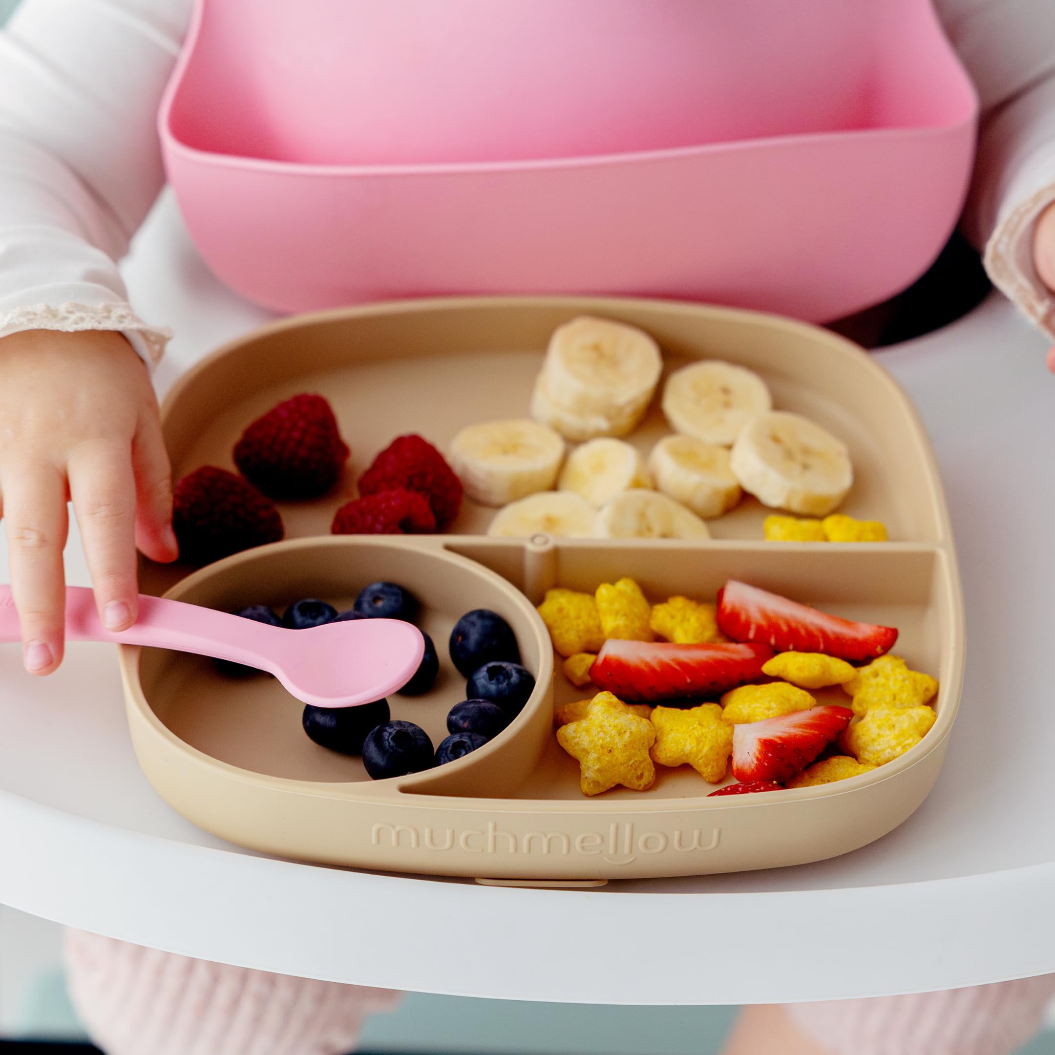 muchmellow - Piatto in Silicone MADE IN ITALY per Svezzamento con 3 Scomparti Divisori e Ventosa Anticaduta, Plastic Free, BPA Free, Lavabile Lavastoviglie (Azzurro)