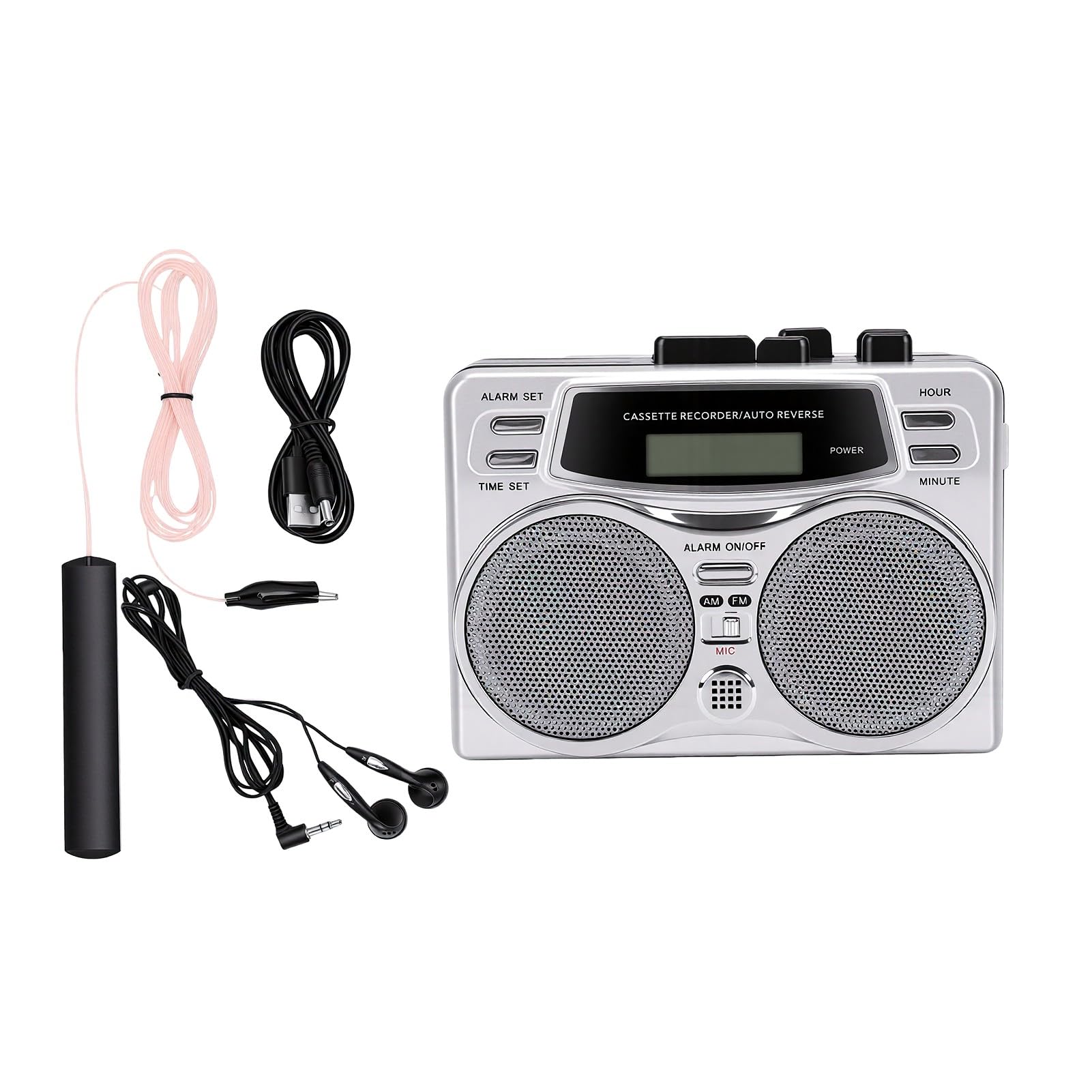 Bewinner Reproductor de Casete Retro con Grabadora de Cinta Inversa Automática con Radio Am FM | Cuerpo ABS, grabadora portátil, escucha en casa y al aire libre, pantalla LCD, uso de auriculares