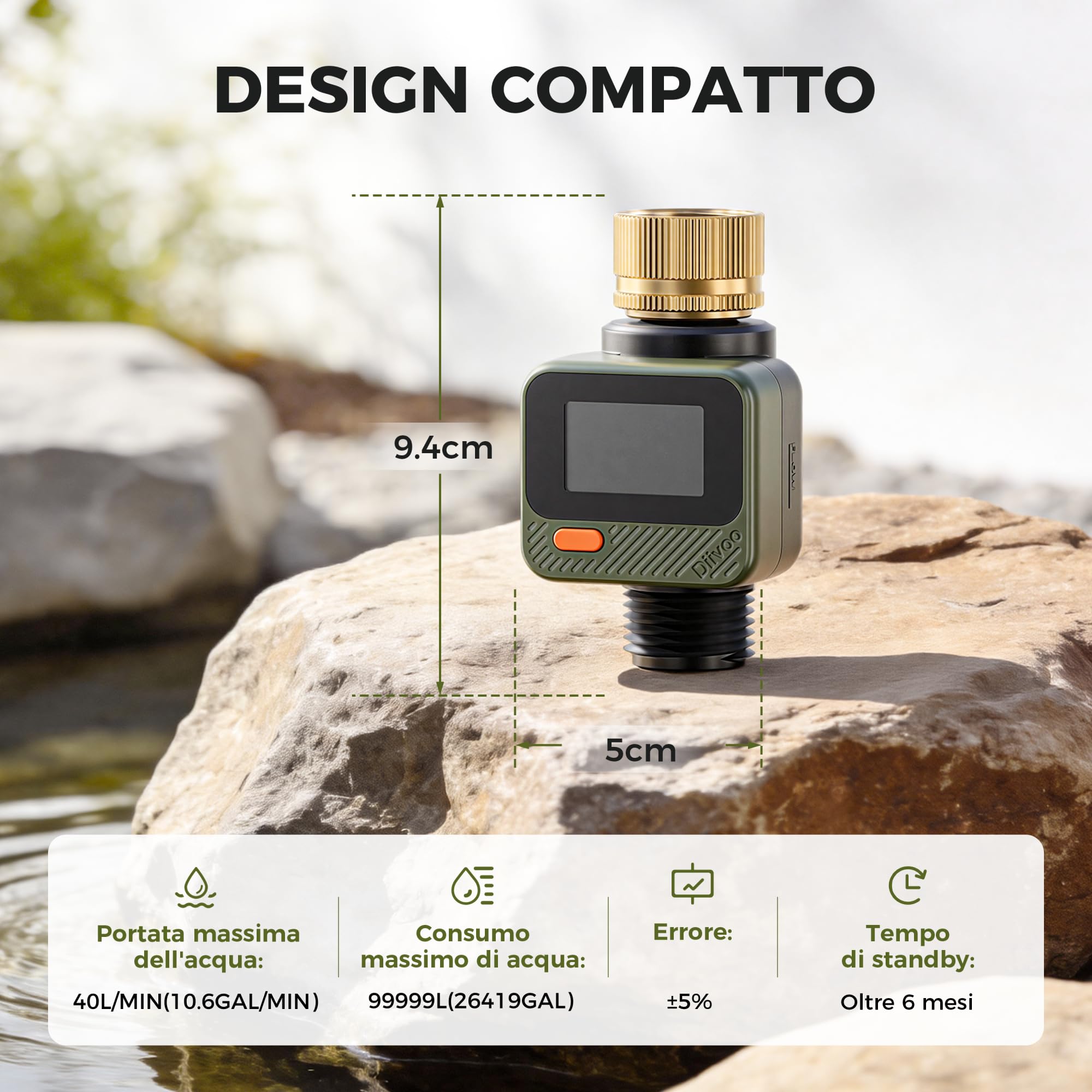 Diivoo Ottone Contatore Acqua con Pannello Rimovibile a 180°, Conta Litri con 4 Modalità di Misurazione, Precisione ±5%, Galloni/Litri, IP54 Contalitri Acqua per Giardini, Piscine, Prati e Rubinetto