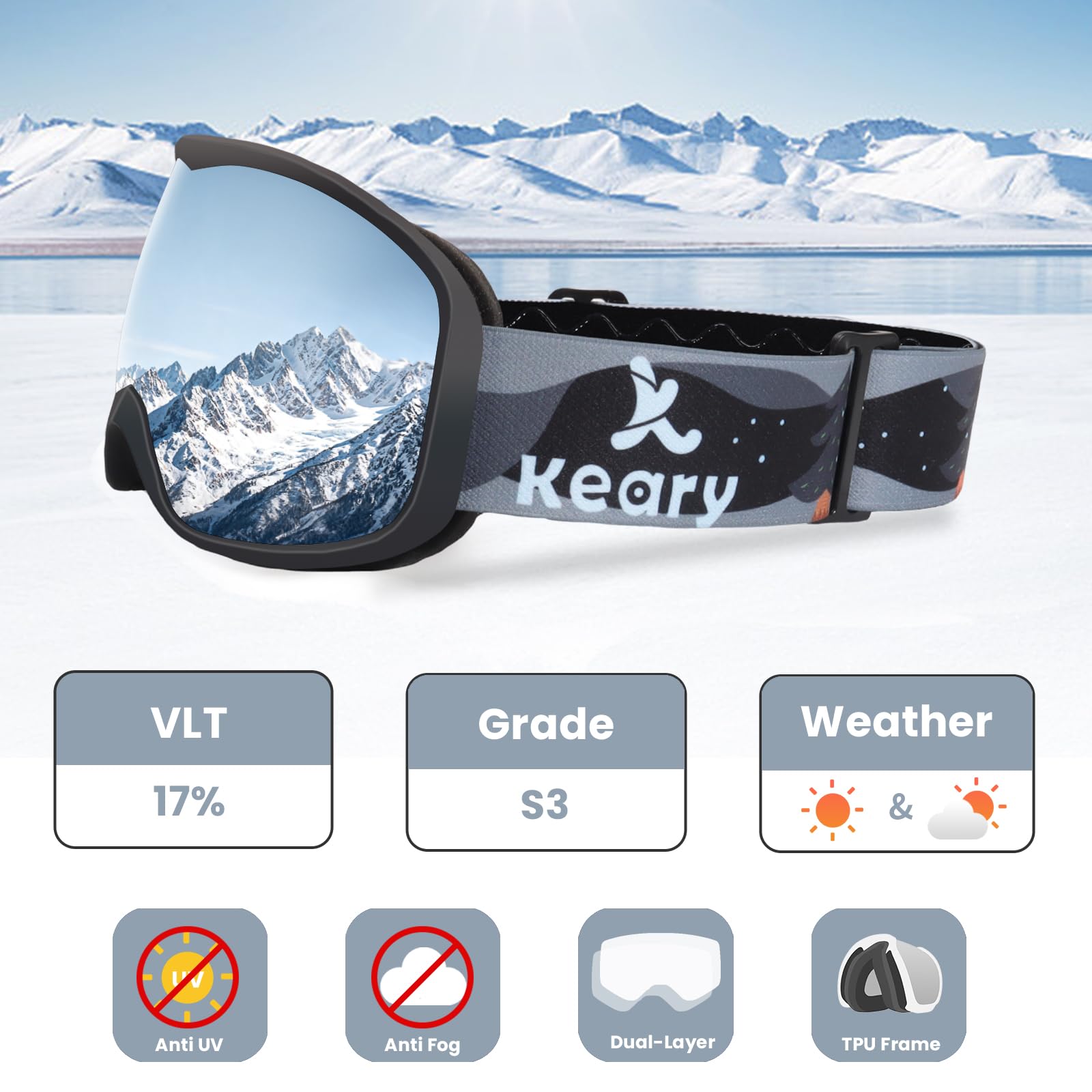 Keary Lunettes de ski pour enfants de 3 à 14 ans, lunettes de neige avec protection UV à 100 %, anti-buée
