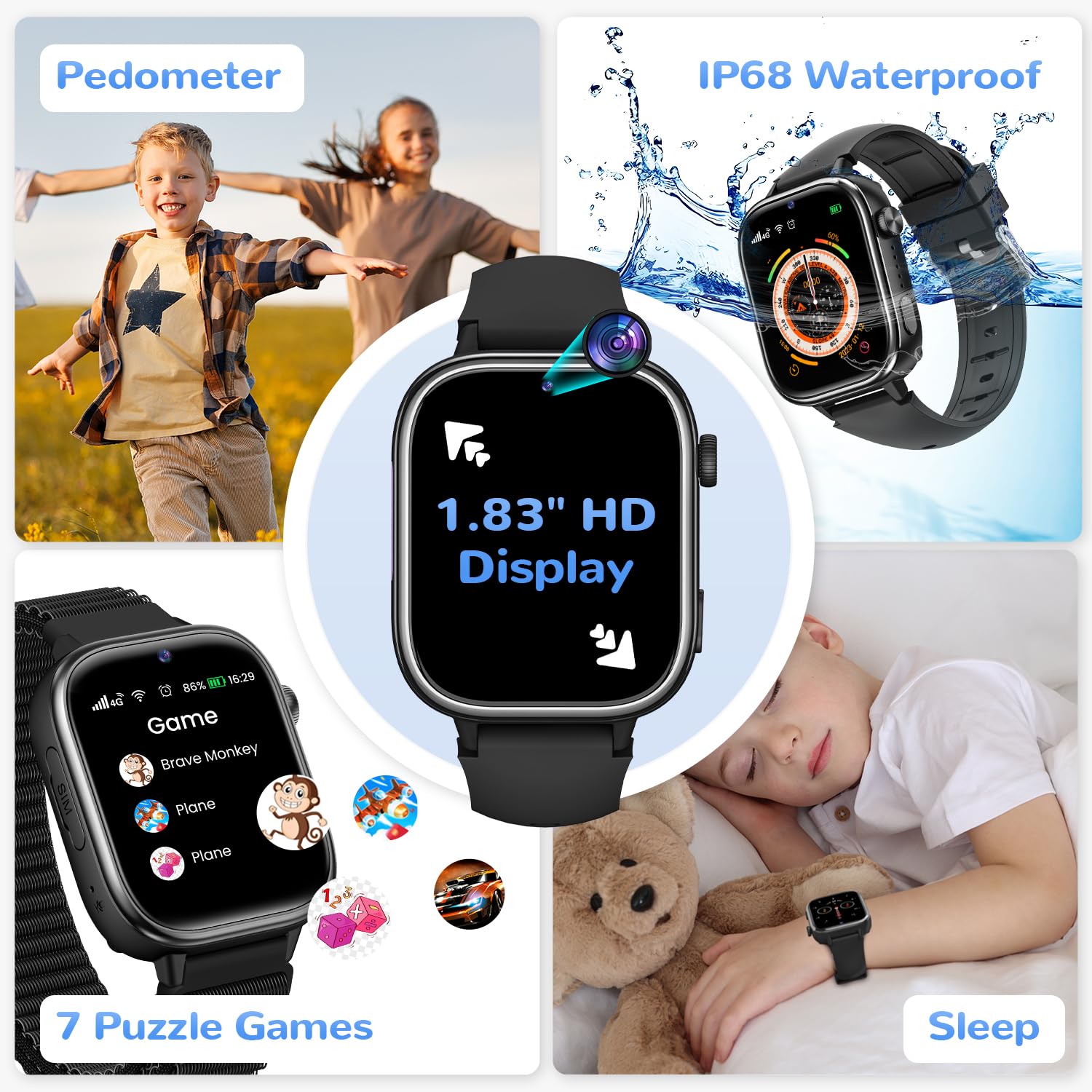 4G Reloj Inteligente Niño, Smartwatch Niños con GPS y Llamadas, Videollamadas, Chat de Voz, SOS, Modo Escuela, Podómetro, Despertador, Juegos, Reloj Inteligente Regalo Niñas y Niños, Negro
