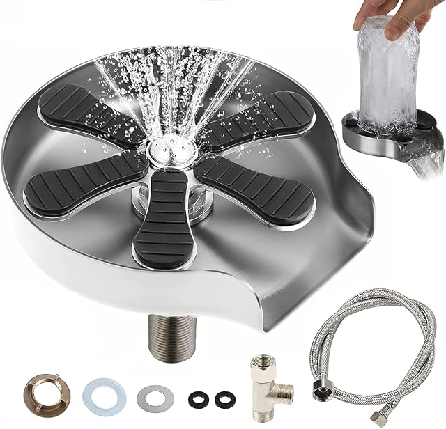Glass Rinser for Kitchen Sink, Stainless Steel Glass Washer, Automatic Cleaner for Water Bottle and Coffee Cup, Kitchen Sink Accessories, Glass Celaning Tool for Home Restaurant Bar