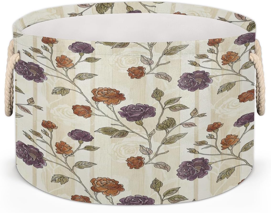 Large Storage Baskets - Vintage Rose Nursery Round Collapsible Organizer Bin Box, Laundry Hamper for Kids Toys, Blanket, Bedroom Living Room Home Decor, Gift Basket, 19.4"x13.3"