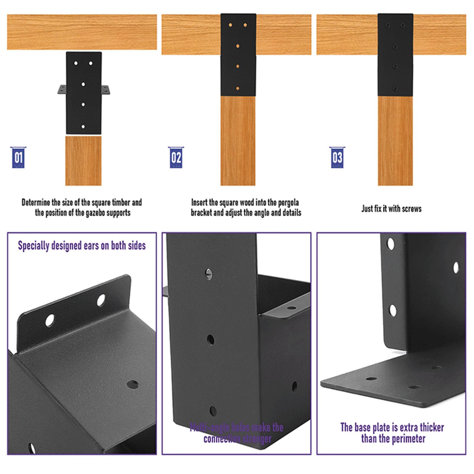 Support de pergola en acier au carbone haute résistance – Support de poteau enduit de poudre noire pour vérandas et cabanes