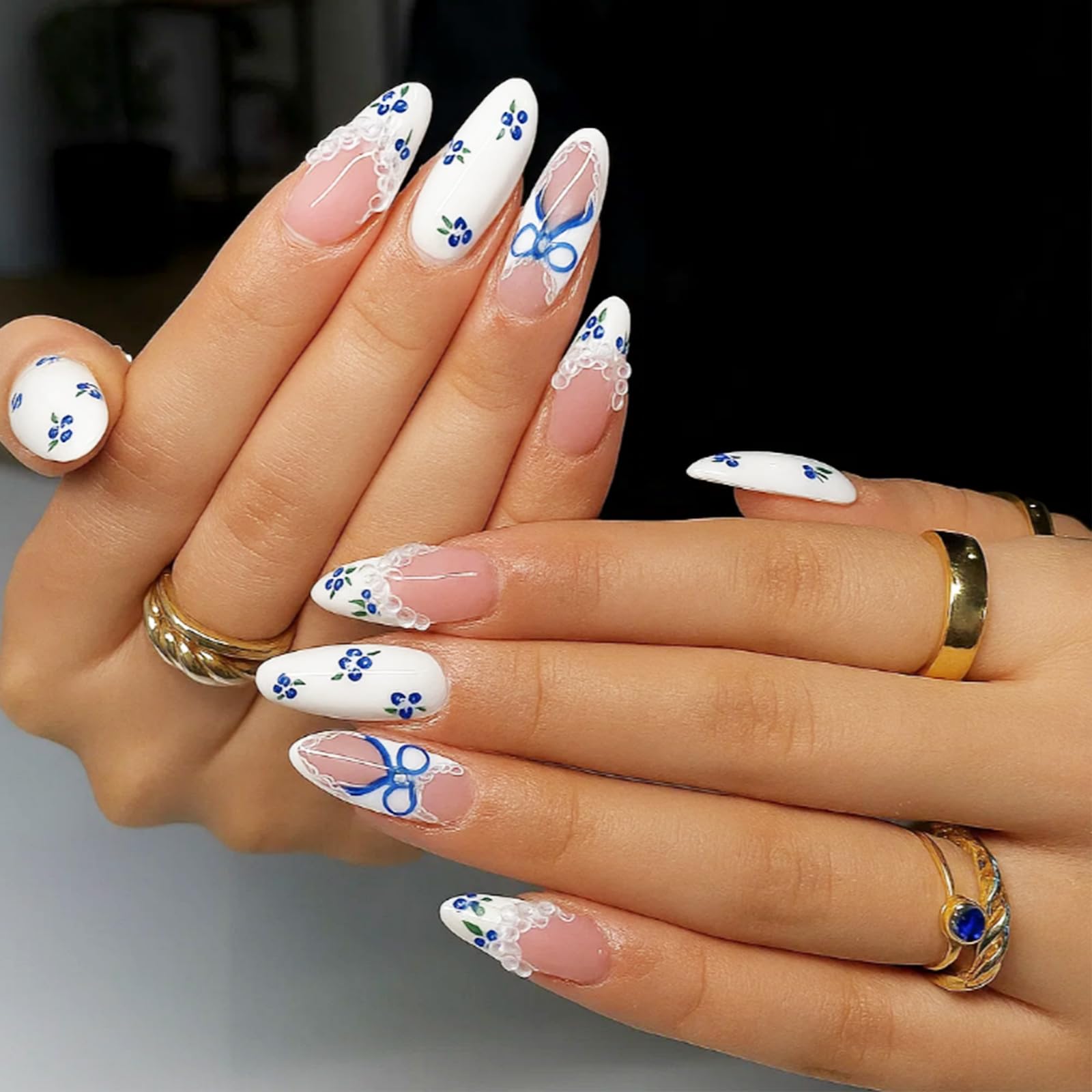 Elegant French Tip Press-On Nails with Floral Bow & Lace Design in Long Almond Shape