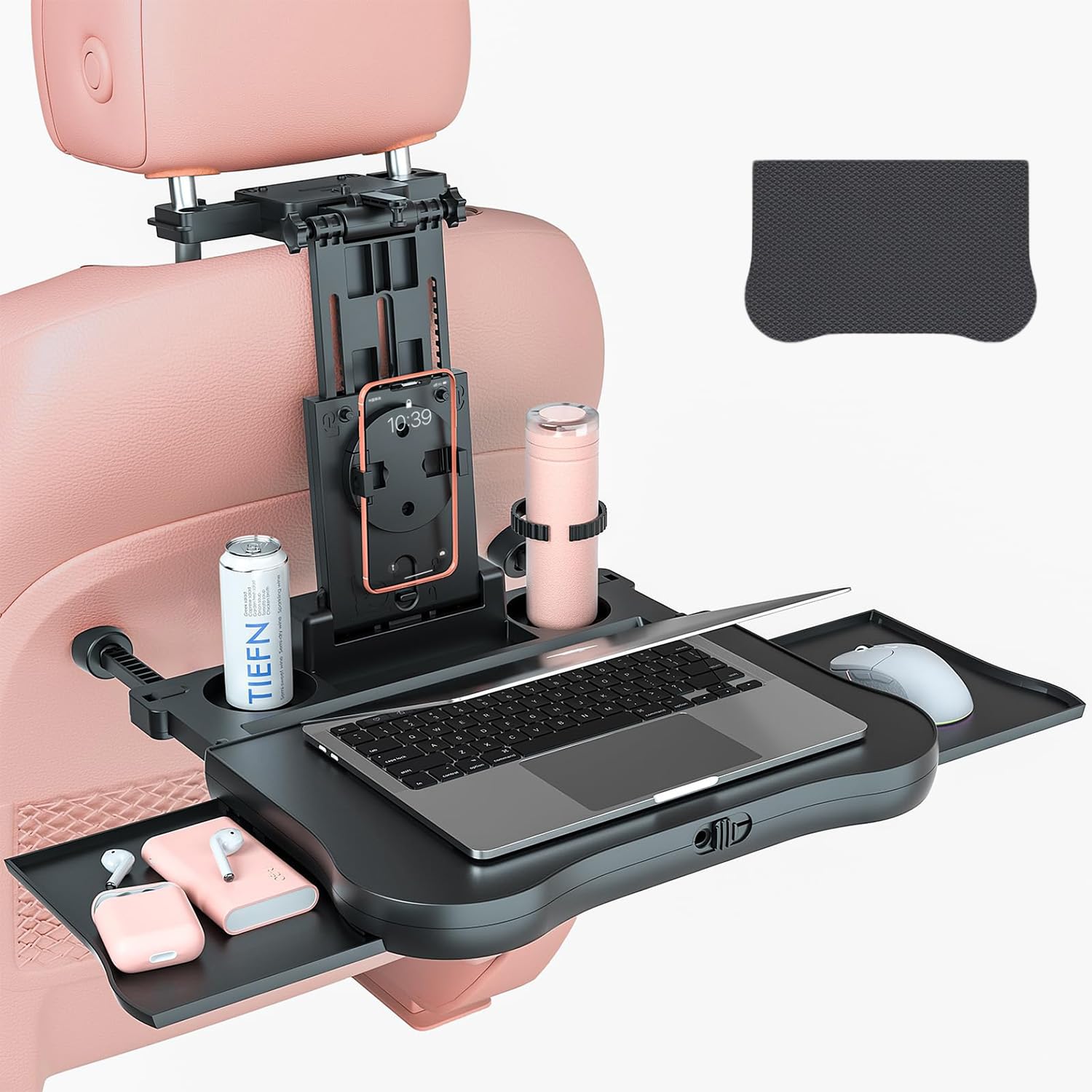 Tavolo da viaggio per sedile posteriore, per auto, bambini, adulti, scrivania con portabicchieri e supporto per cellulare, tavolo pieghevole regolabile in altezza con tappetino antiscivolo