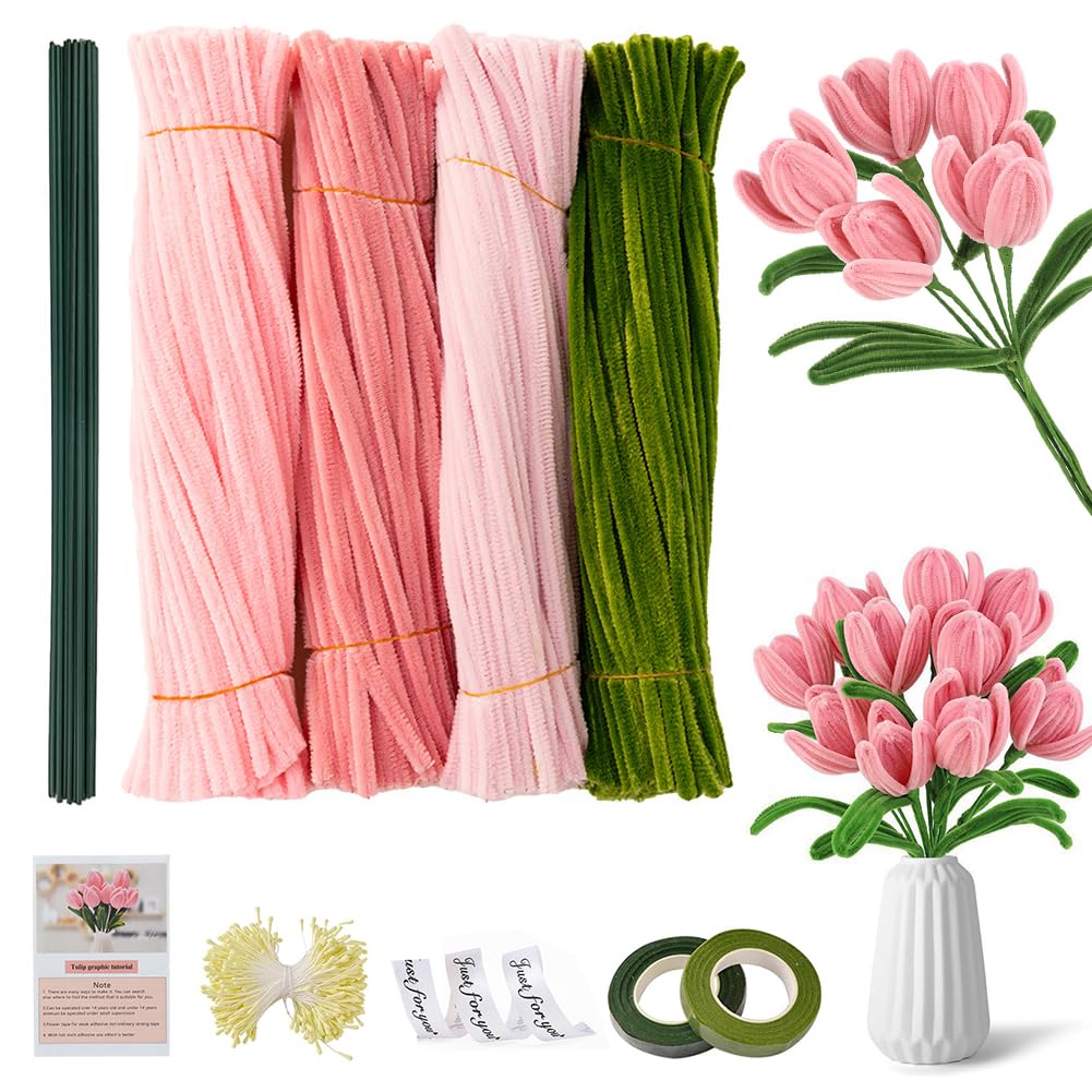 MIFKLMV 400pcs Pipe Cleaners Craft Set for Tulip Bouquets, Pipe Cleaners for Craft with Flower Stems, Stamens, Floral Tape, Ribbon for DIY Flowers, Creative Handmade Gifts Home Decorations