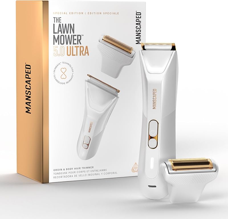 The Lawn Mower® 5.0 Ultra Men's & Women's Groin & Body Hair Trimmer – Dual-Head SkinSafe® Trimmer & Foil Blades, Waterproof Wet/Dry Groomer, USB-C Rechargeable with Travel Case, White