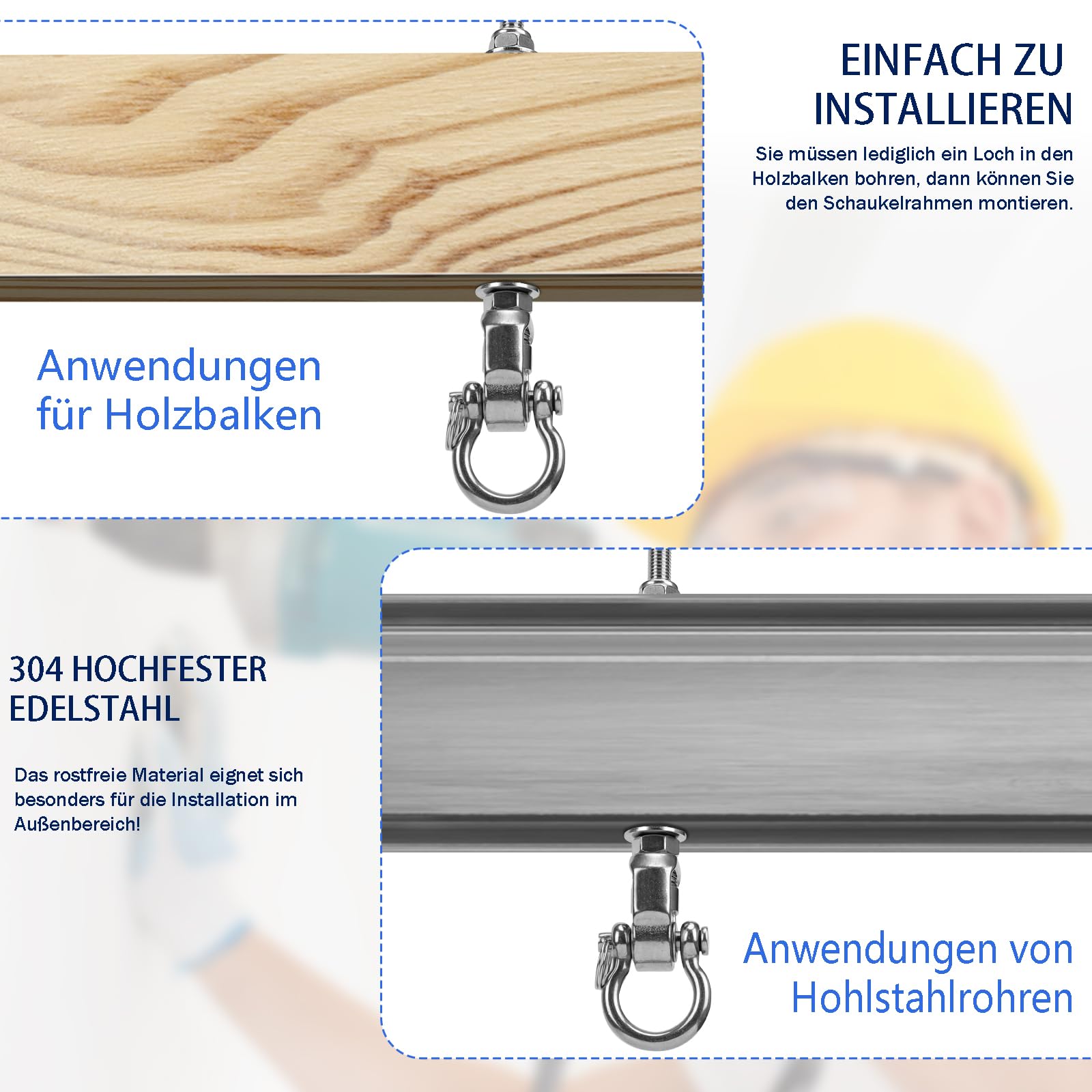4er Schaukelhaken M10,180°+360°Drehbar Schaukelhaken für Holzbalken | 285mm Schaukelhaken Lager Bis 453kg, Edelstahl Hängematte Schaukel Befestigung Betondecke für Boxsack Hängesessel Yoga