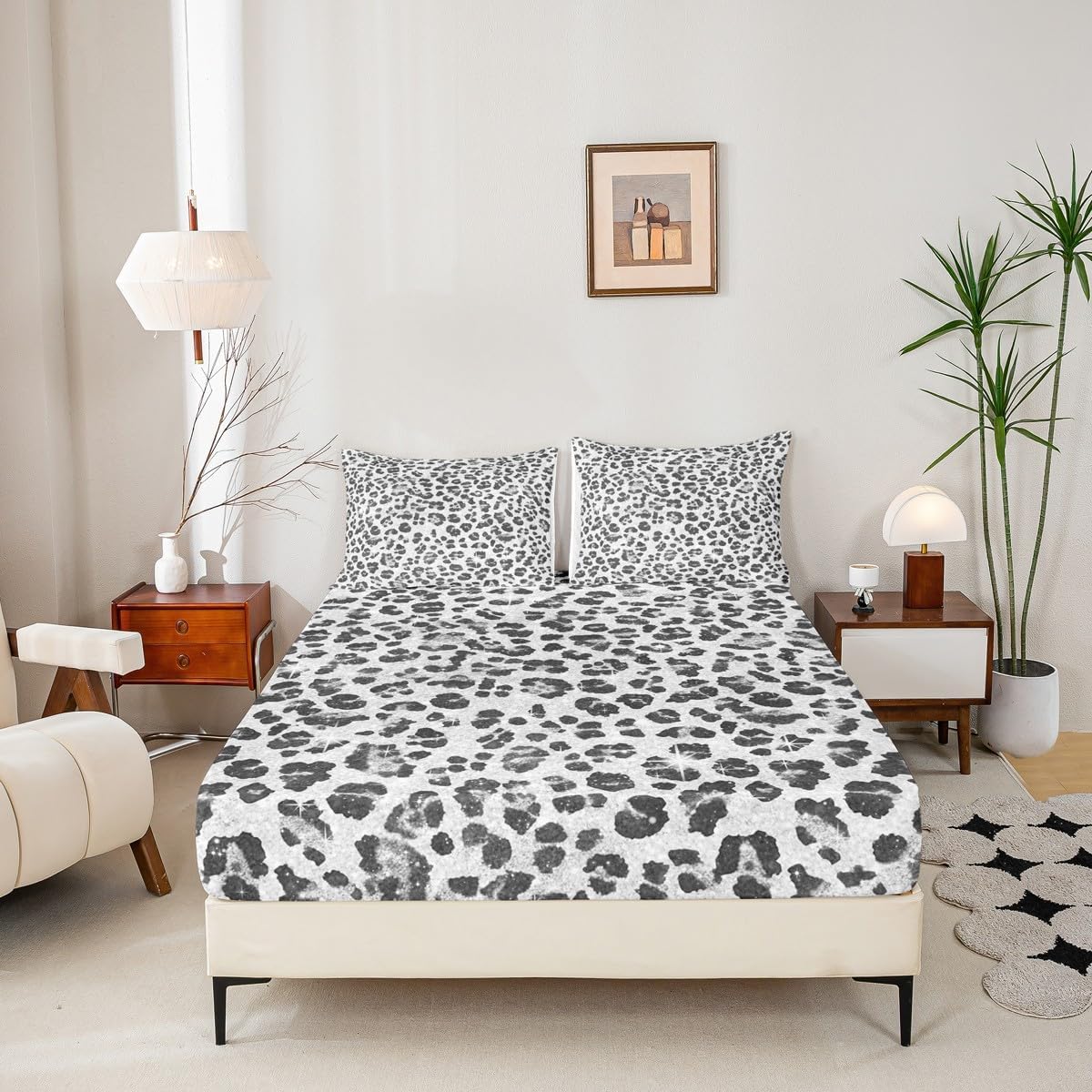 jejeloiu Black Gray Leopard Fitted Sheet Queen Size Cheetah Bed Sheets Set 16" Deep Pocket Soft Breathable Microfiber Animal Print Bedding with 2 Pillowcases Leopard Fur Print Room Decor Safari