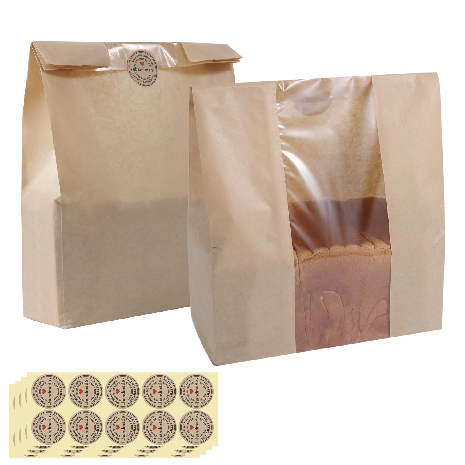 50 Pcs Bread Bags for Homemade Bread, 13.8 x 9.5 Inch Large Paper Bread Bags with Window, Sourdough Bread Bags for Gift Giving with Stickers