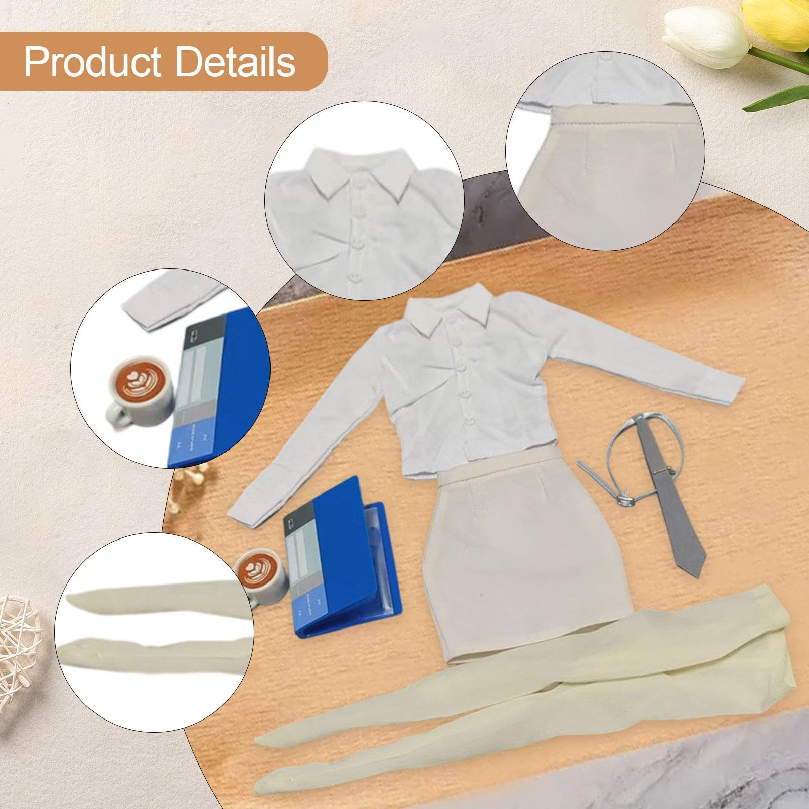 Set di Abiti per Bambole in 1/6 Camicia Formale con Maniche Lunghe Gonna Raffinata Accessori per Collezionisti, Bianco Albicocca