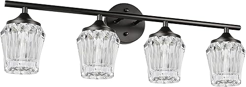 Lámpara LED de tocador de 4 luces, apliques de pared de cristal vintage, iluminación de pared negra clásica con pantalla acrílica para baño, sobre
