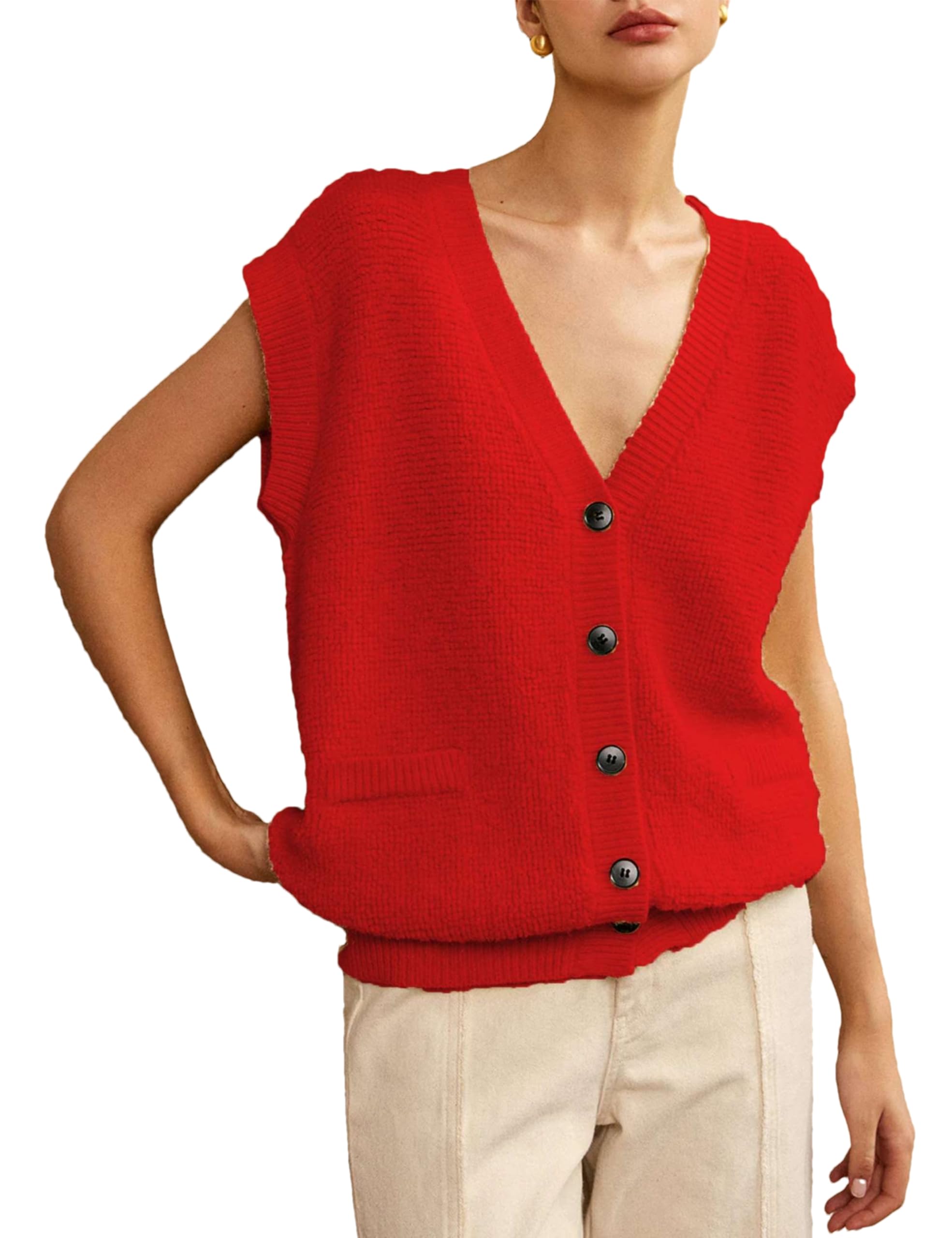 Zontroldy Womens Oversized Button Down Sleeveless Sweaters V-Neck Sweater Vest Knitted Tank Tops with Pockets