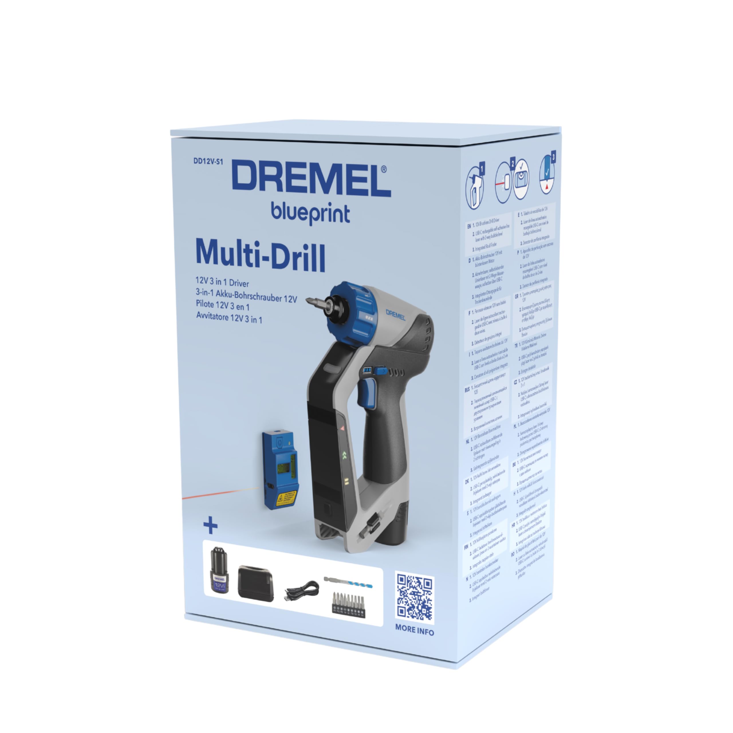 Dremel Blueprint 12V Perceuse-visseuse sans fil 3-en-1 avec détecteur de montants intégré, niveau laser et à bulle amovible, 9 embouts de vissage, 1 foret multi-matériaux