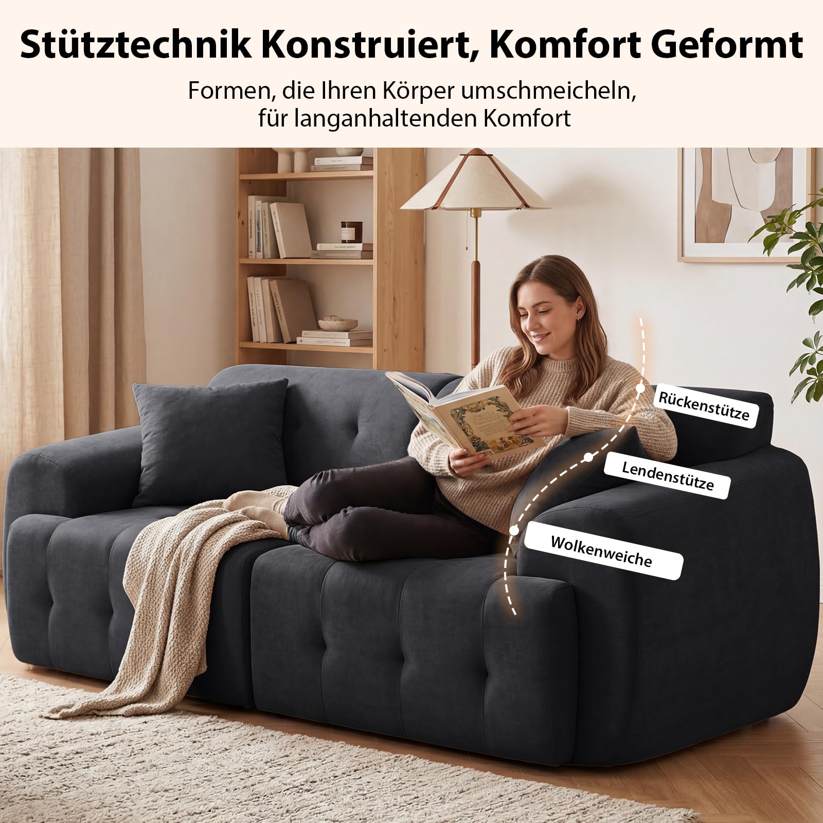 COMHOMA Sofa 2 Sitzer, 180 x 86 x 40 cm Bodensofa, Couch mit Rückenlehne, Kissen und Armlehne, Modernes Stoffsofa für Wohnzimmer, Wohnung, Büro, Keine Montage, Dunkelgrau