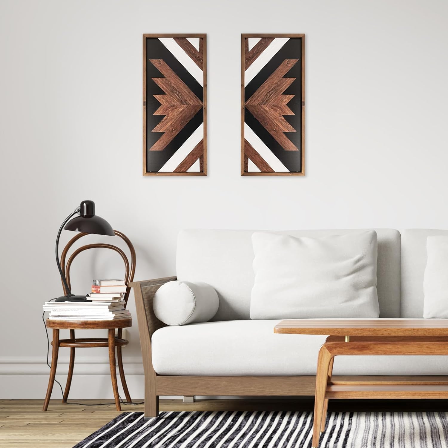 Set of 2 Aztec Wall Decor Wooden Framed, 20.9"x9.8" Western Wall Art, Black White Southwestern Native American Modern Boho Bathroom Bedroom Living Room Rustic Farmhouse Decoration for Home