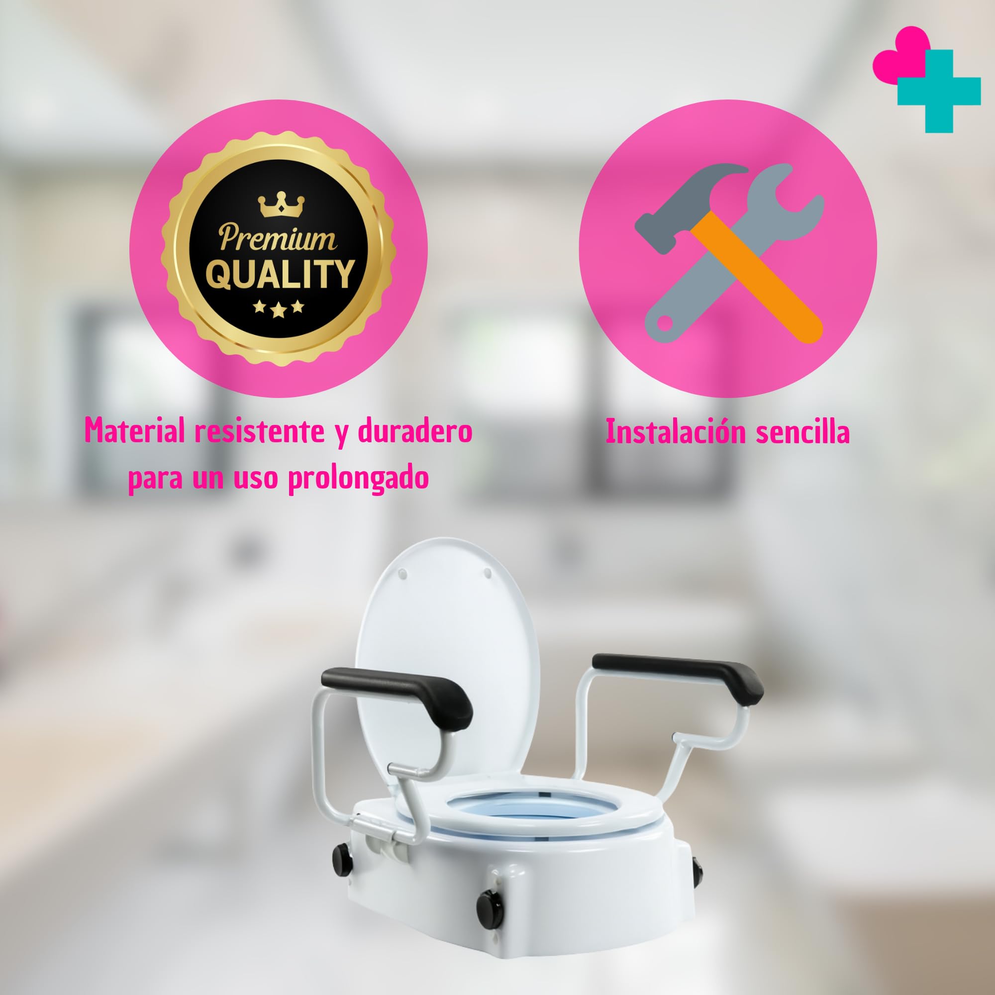 Asiento Elevador Inodoro Regulable 5-15 cm con Brazos Abatibles. Alzador Baño Adultos con Reposabrazos. Elevador WC Adulto con Reposabrazos para Personas Mayores