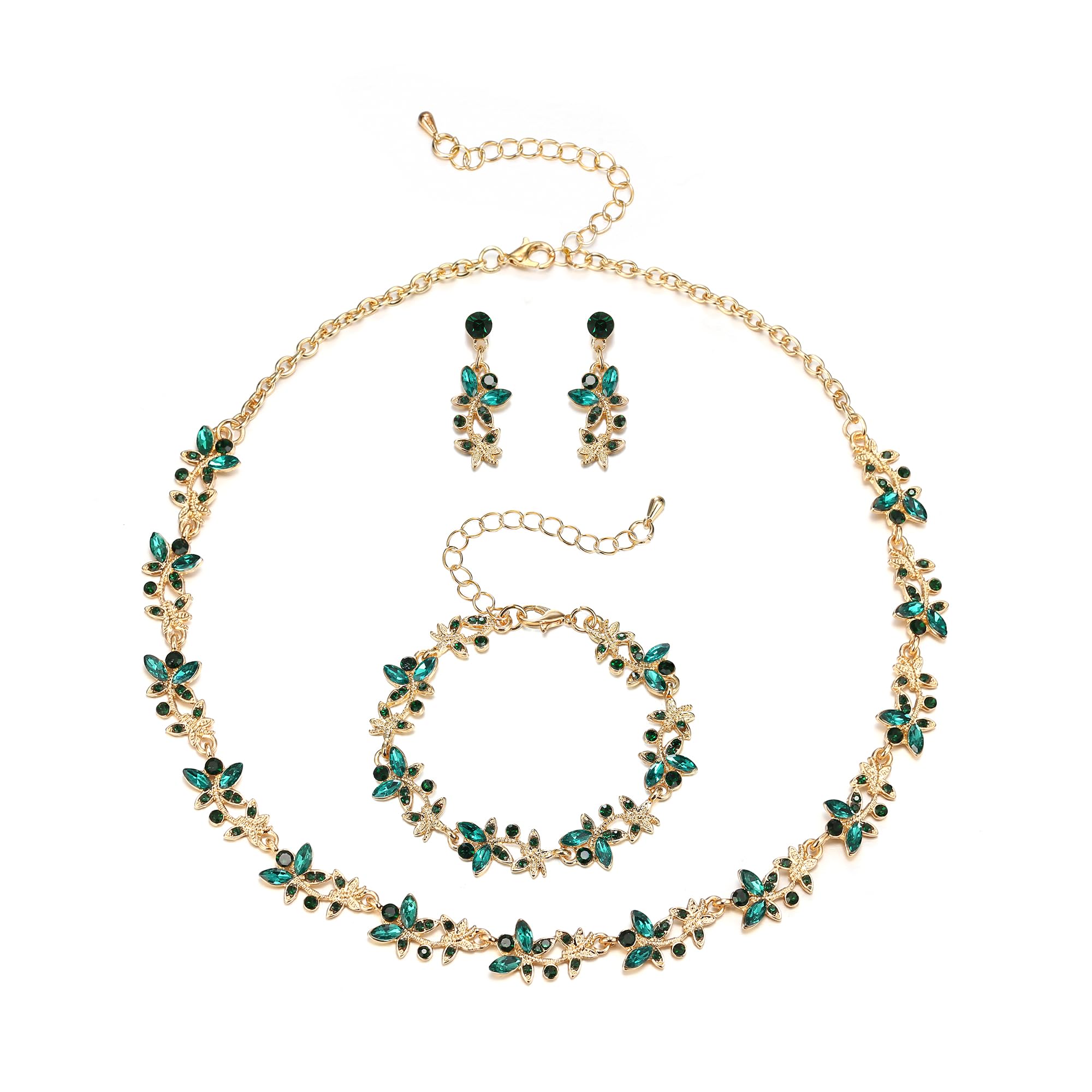 Pendientes colgantes verdes y conjunto de collar de boda 6