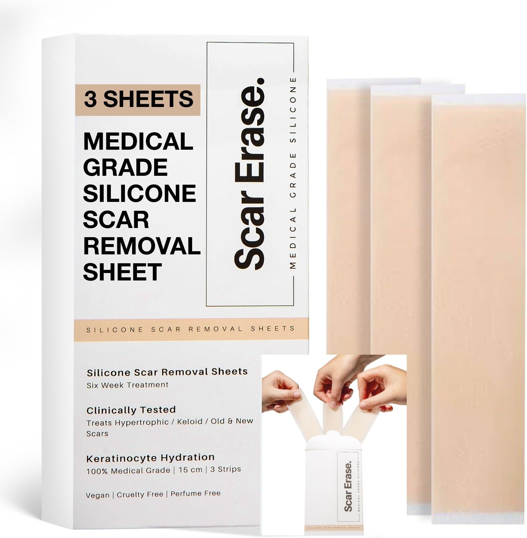 SCAR ERASE Medical Grade Silicone Scar Sheets (3cm x 15cm) - Soften and Flattens Keloid, Hypertrophic, Surgery, Injury & C-Section Scars - Vegan, Cruelty-Free - 6 Week Reusable Treatment (Pack of 3)