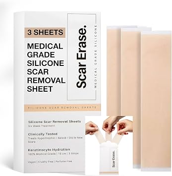 SCAR ERASE Medical Grade Silicone Scar Sheets 3cm x 15cm - Soften and Flattens Keloid, Hypertrophic, Surgery, Injury & C-Section Scars - Vegan, Cruelty-Free - 6 Week Reusable Treatment Pack of 3