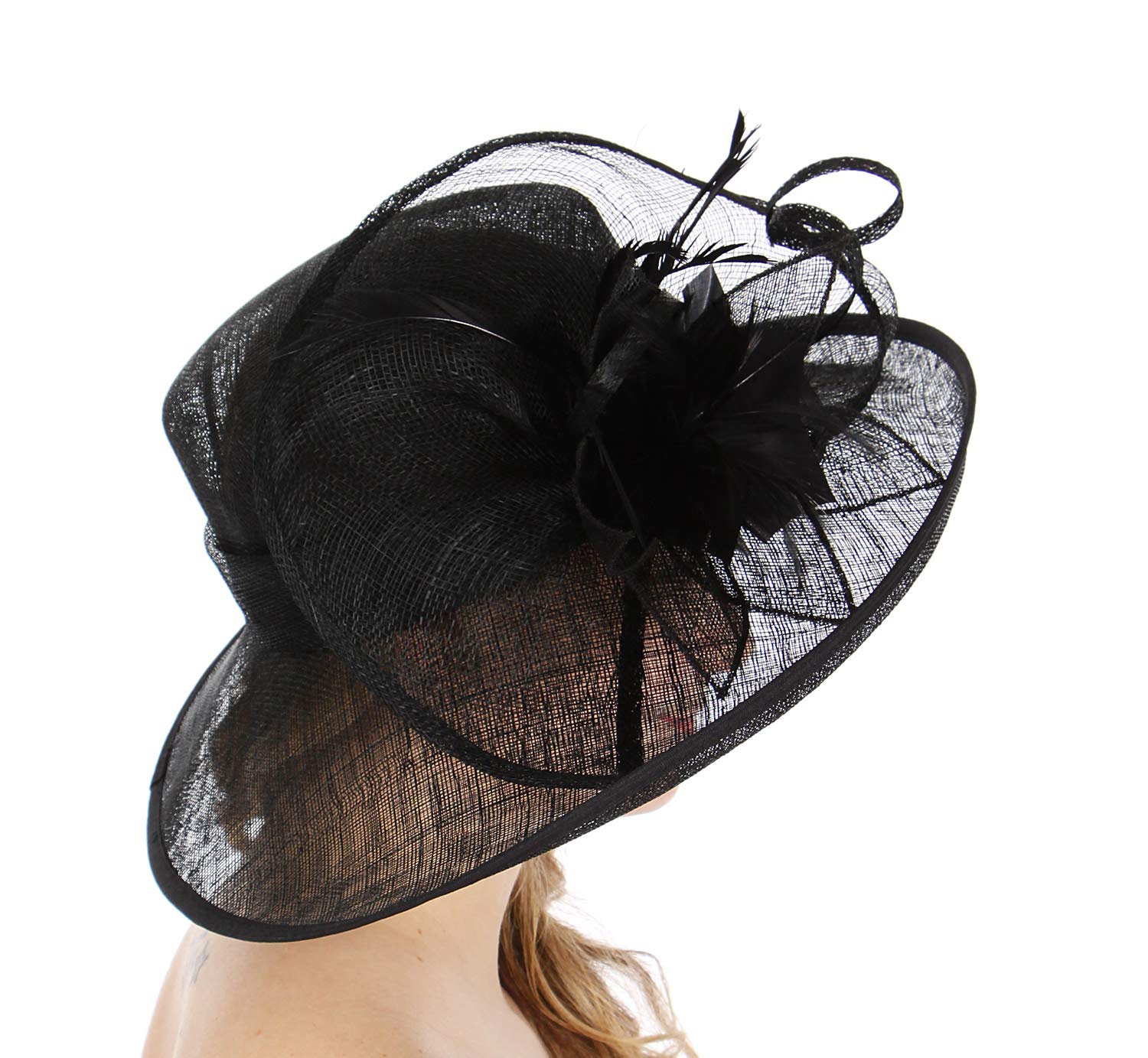 SERENITA Dress hat Women, for Church Party Bridal Wedding Cocktail, Wide Brim Flower Cloche Bucket, Black 12