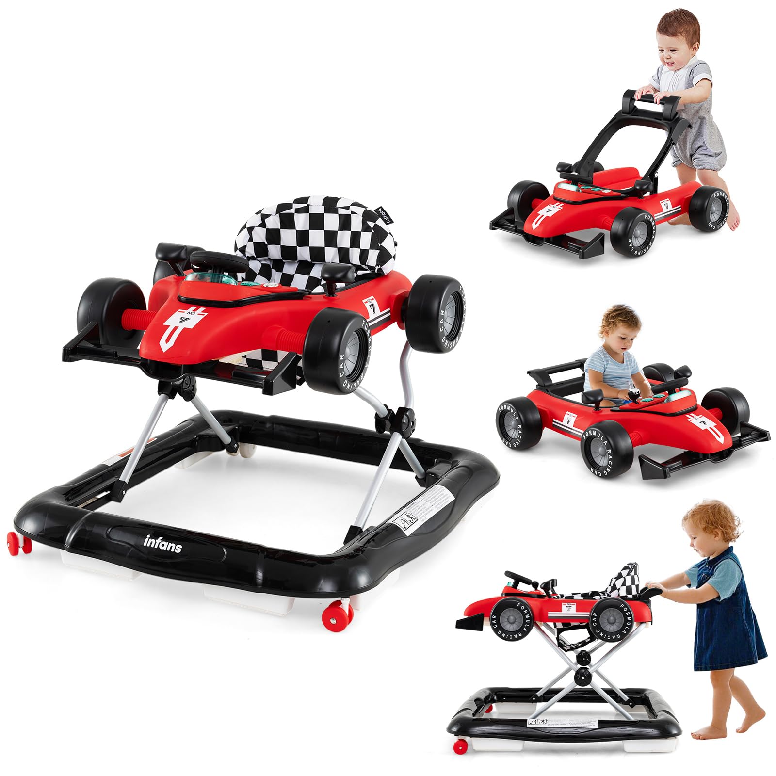 INFANS 4 in 1 Baby Walker, Foldable Toddler Activity Center with Adjustable Height, Padded Seat, Music, Light, Removable Tray, Push Walker for Girls Boys Aged 6-18 Months (Red)