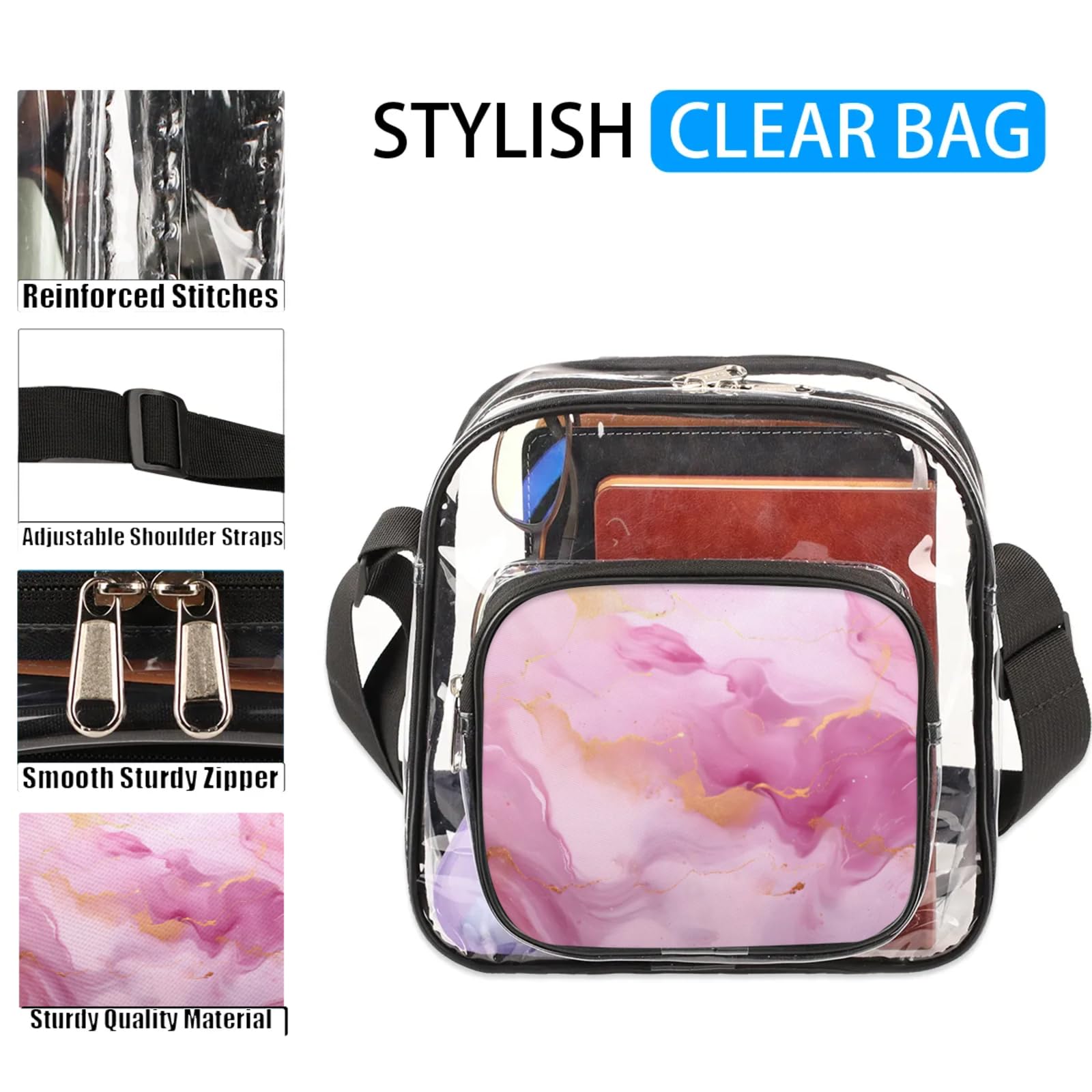 GzLeyigou Clear Crossbody Bag Stadium Approved Pink Transparent Bag for Festivals, Sports Events, Concerts,Beach Bag for Women Men Dynamic Fluid Design Clear Purse with Front Pocket Messenger Bag