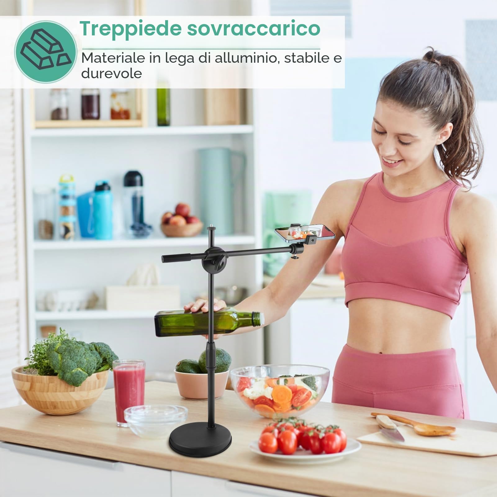Supporto da Tavolo per Telefono in Streaming Live, Supporto per Telefono per Fotografia Desktop Regolabile in Altezza e Angolazione con Base Rotonda Robusta per Luce di Riempimento per Riprese Video F