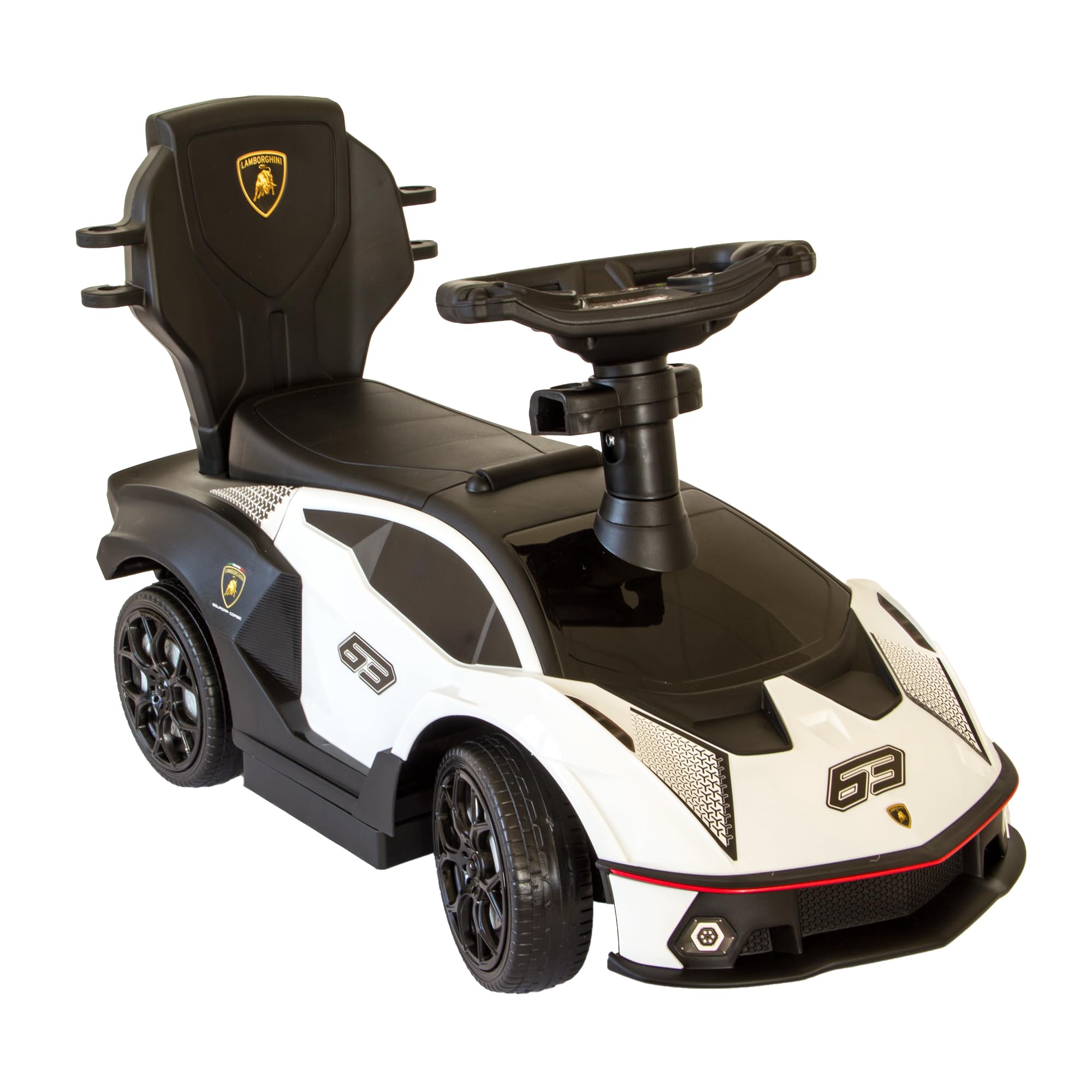 Lamborghini Rutschauto mit Schiebstange ab 1 Jahr | Rutschfahrzeug mit Sicherheitsbügel | Schiebeauto Lamborghini in weiß| Lenkung via Stange möglich | Staufach | Fußablage | Sound