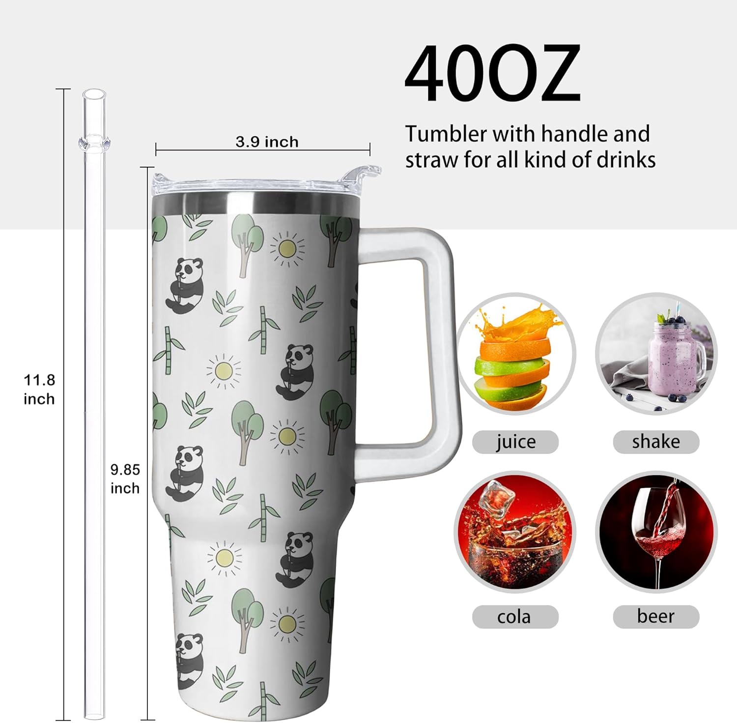 40oz Panda Stainless Steel Tumbler with Handle and Straw, Insulated Cup Travel Coffee Mug Water Bottle with Lid and Straw, Animal Lovers Women Gifts - Image 2