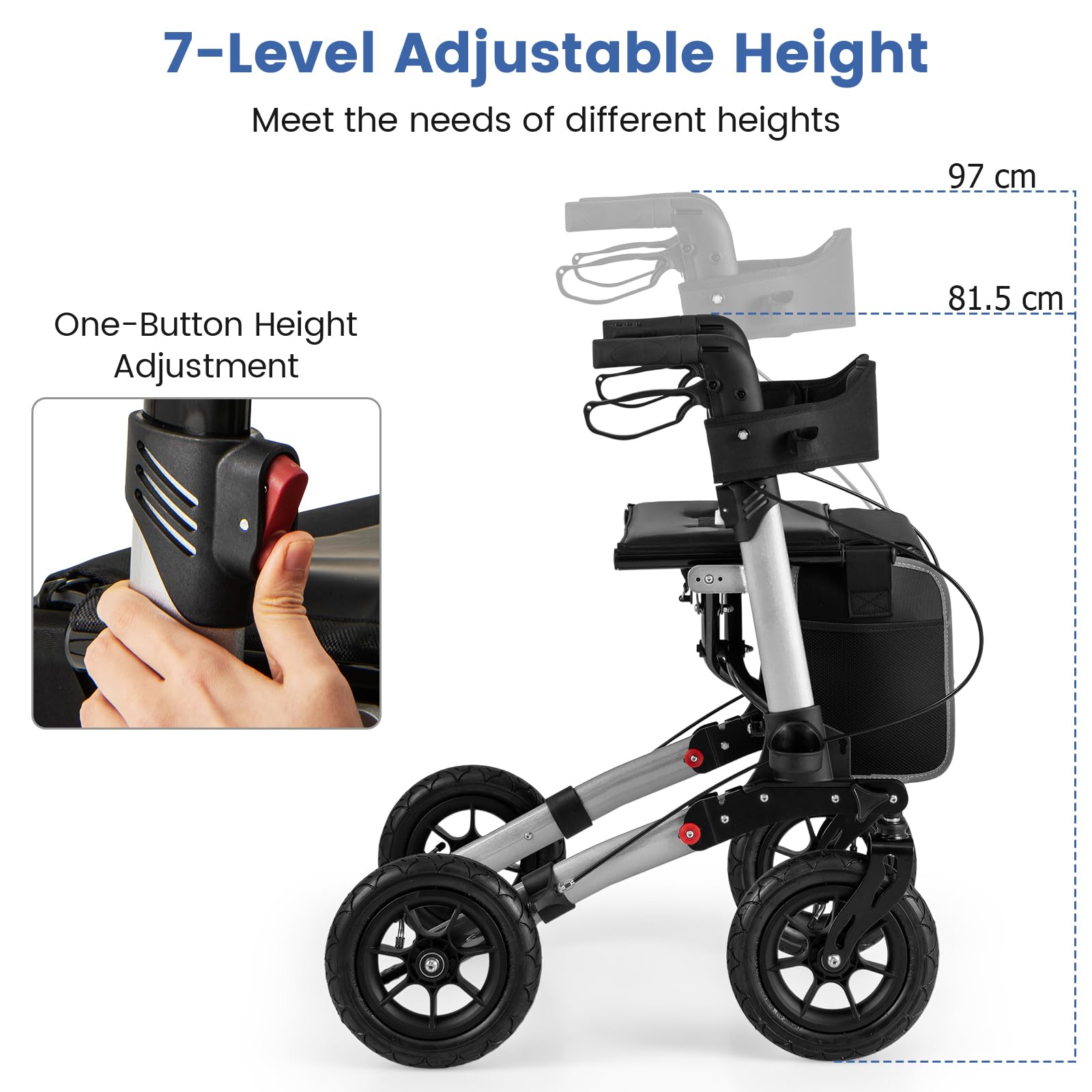 HOMASIS Andador plegable y ligero 2 en 1 para silla de ruedas, con asiento, 7 alturas ajustables, carrito de aluminio para personas mayores, andador de viaje con soporte para bastones, bolsa, hasta