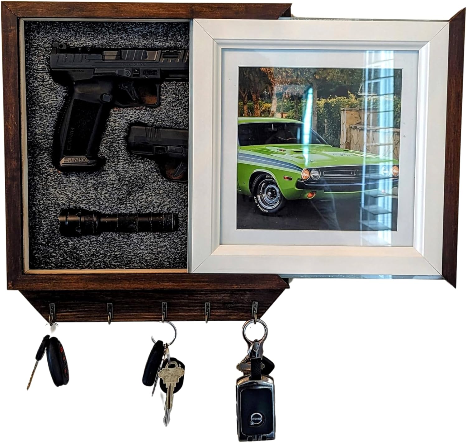 3F Gun Safe Box Key Holder For Wall, Wooden Entryway hidden storage, Photo Frame And Key Holder, Gun Safe Key Hook For Wall