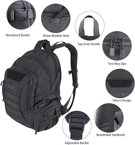 Miniatura 5 de Mochila militar táctica de 45L para adultos para portátiles de 17 pulgadas, Negro -, Casual